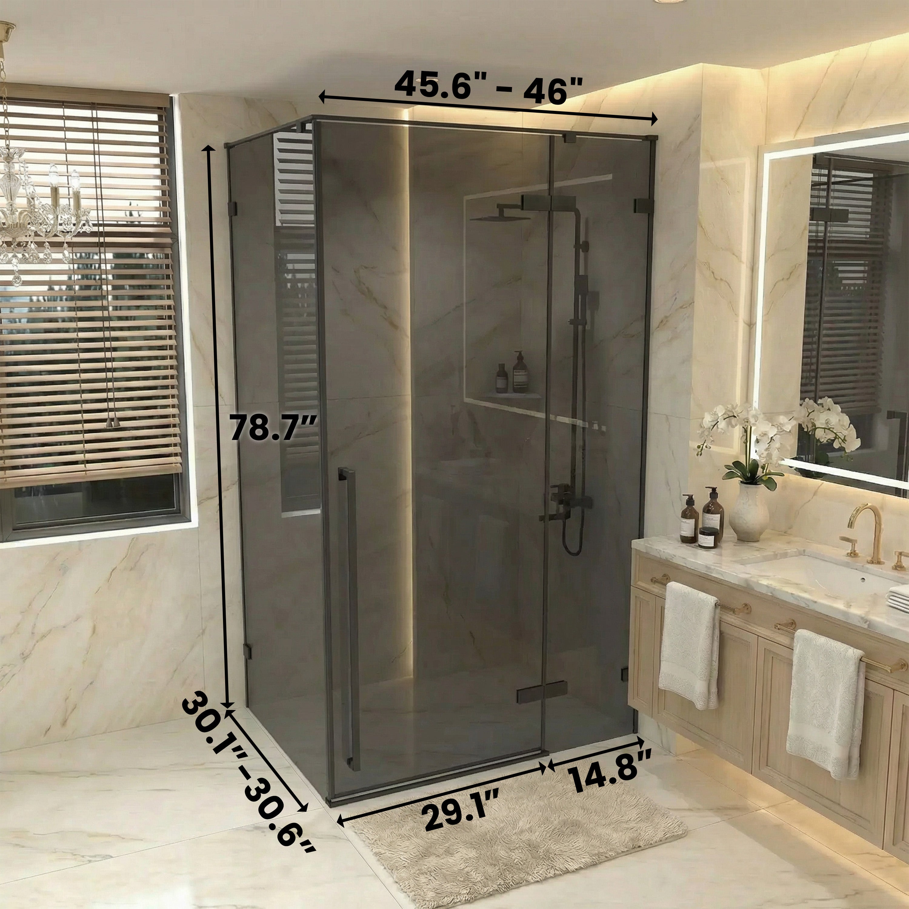 45.6"–46" x 79" Reversible Matte Black Pivot Shower Door with 30.2"–30.5" Side Panel – Black Tinted Glass