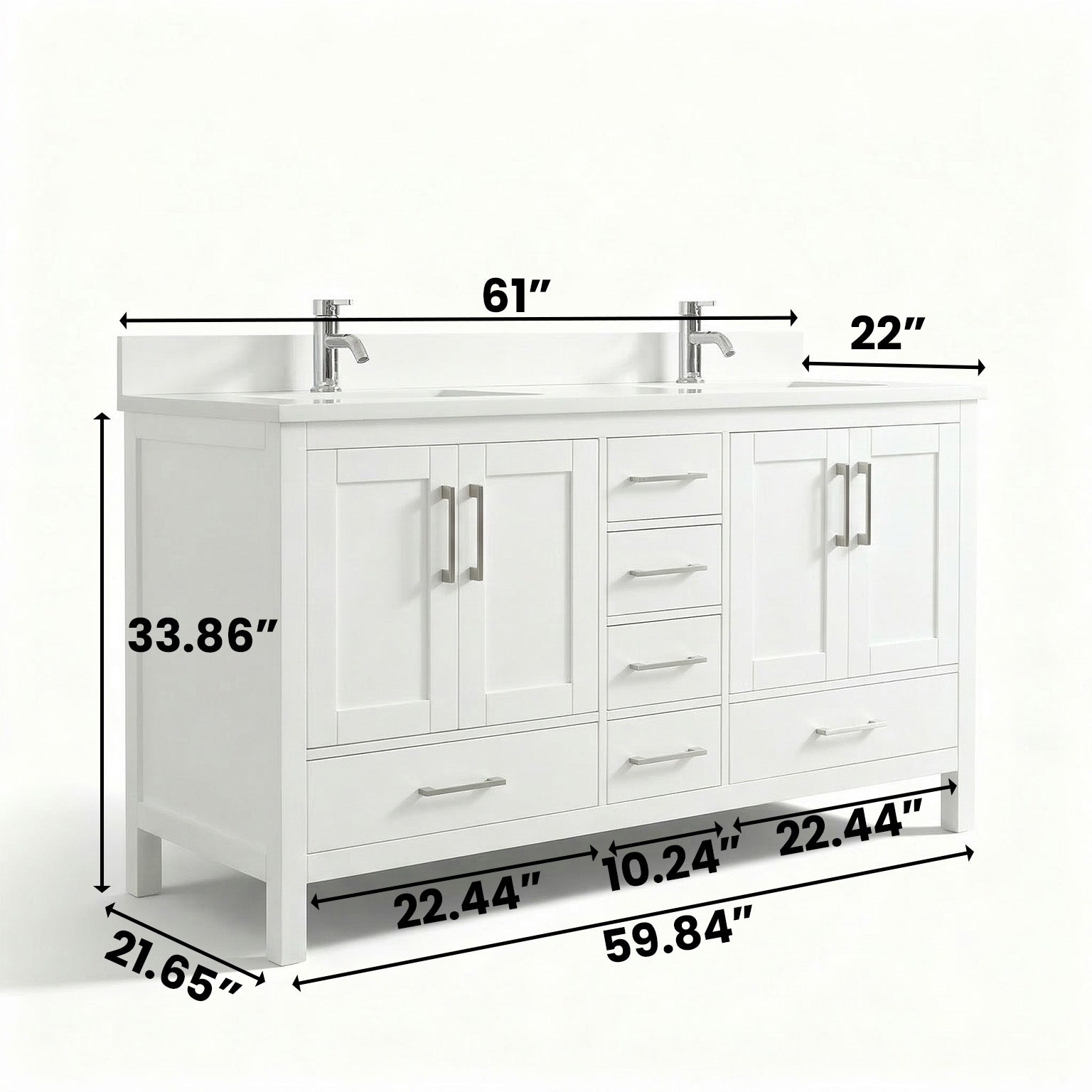 60" White Freestanding Double Sink Bathroom Vanity with Engineered White Marble Countertop