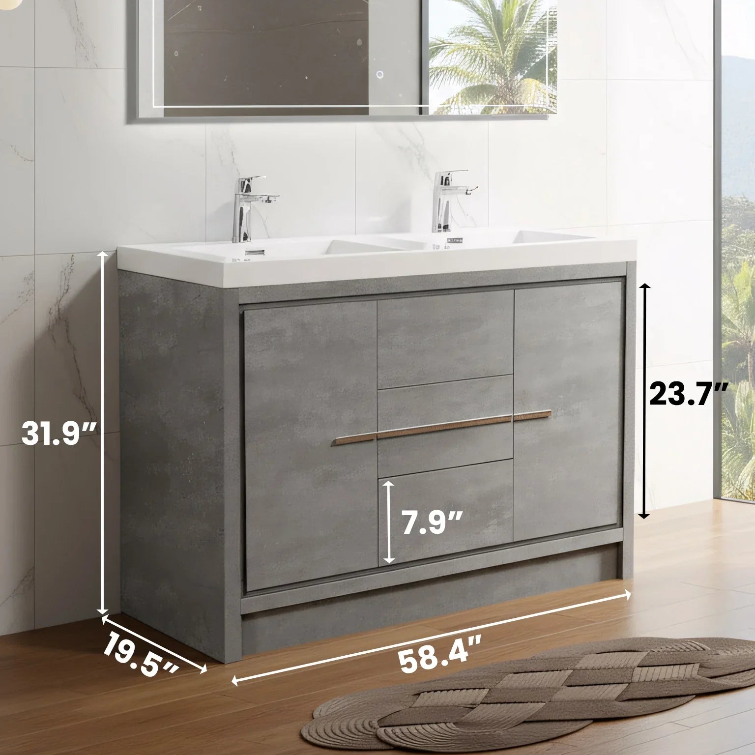 60" Cement Freestanding Double Sink Bathroom Vanity with White Polymarble Countertop