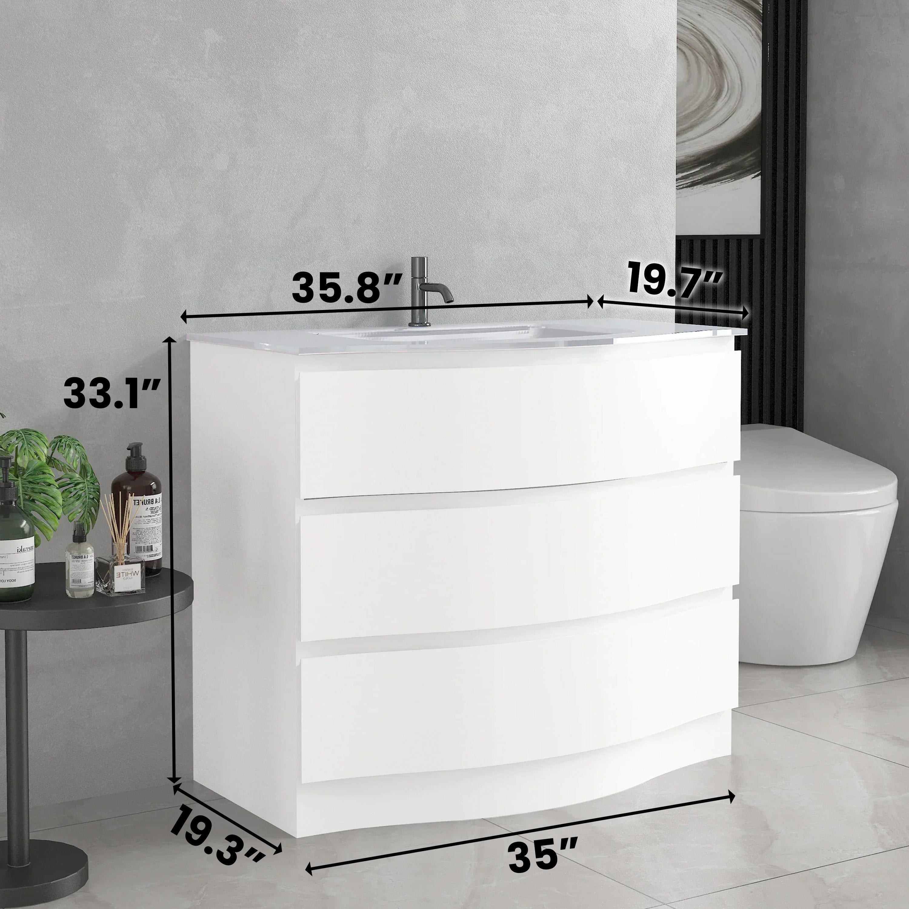 36" Matte White Freestanding Single Sink Bathroom Vanity with White Glass Countertop