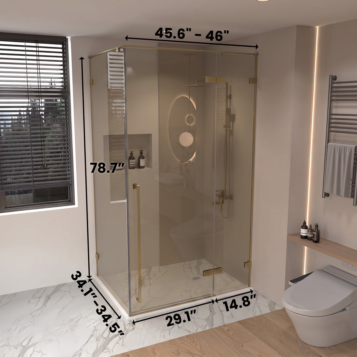 45.6"–46" W (Adjustable Width) x 79" H Frameless Reversible Pivot Shower Door in Brushed Gold with Brown Tinted Glass and 34.1"–34.5" Side Panel