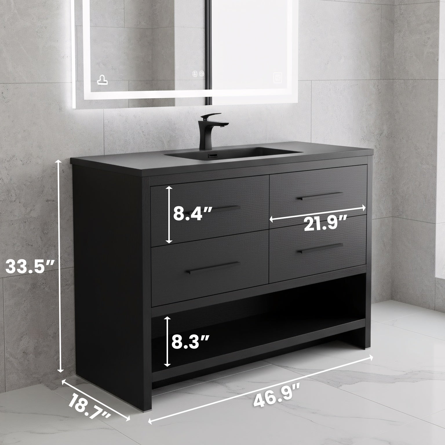 48" Black Rough Oak Freestanding Bathroom Vanity with Black Engineered Quartz Countertop