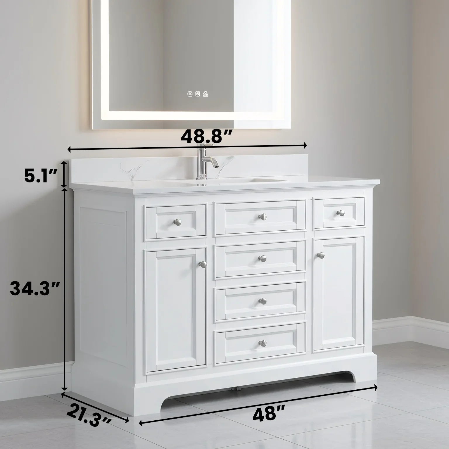 48" White Freestanding Bathroom Vanity with Engineered Calcutta Marble Countertop