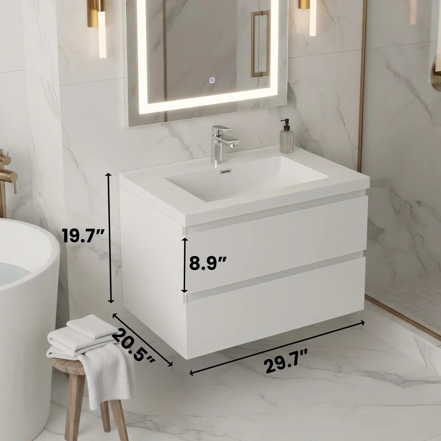 Meuble-Lavabo Mural 30po Blanc Brillant avec Comptoir de Polymarbre Blanc 