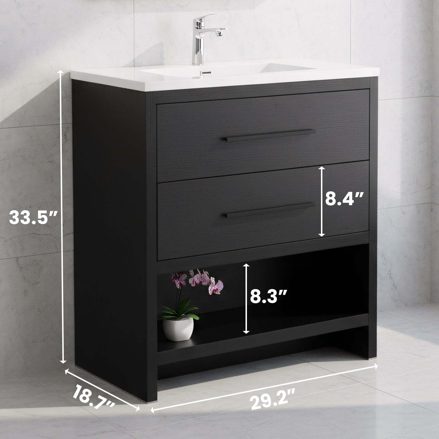 30" Black Oak Freestanding Single Sink Bathroom Vanity with White Polymarble Countertop