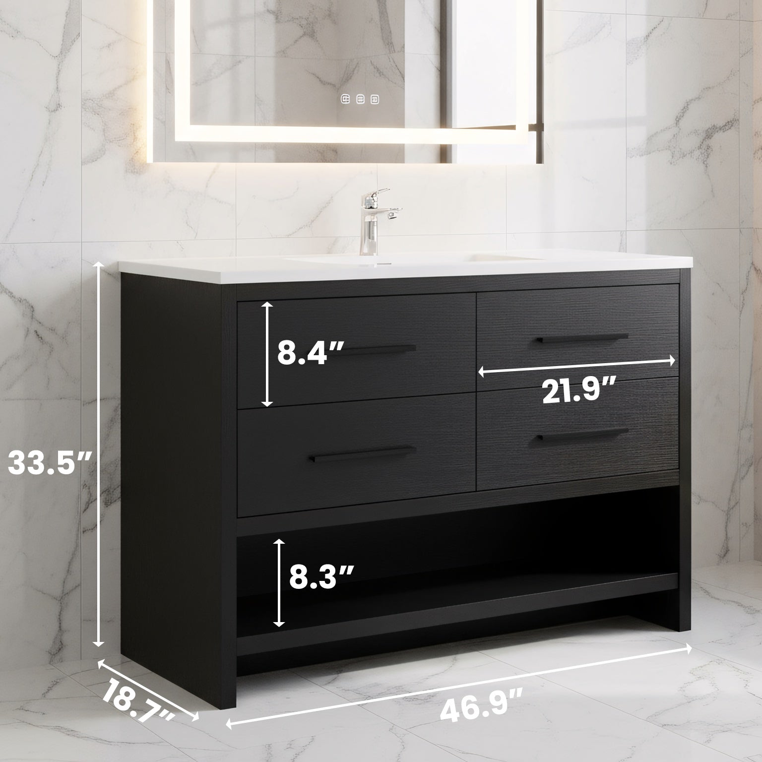 48" Black Rough Oak Freestanding Bathroom Vanity with White Polymarble Countertop