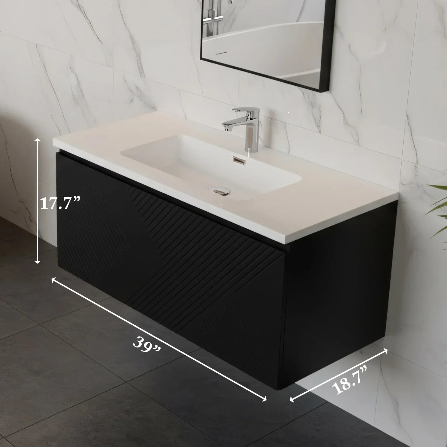 Meuble-lavabo mural noir 40" pour salle de bain avec Comptoir en polymarbre blanc Roxboro
