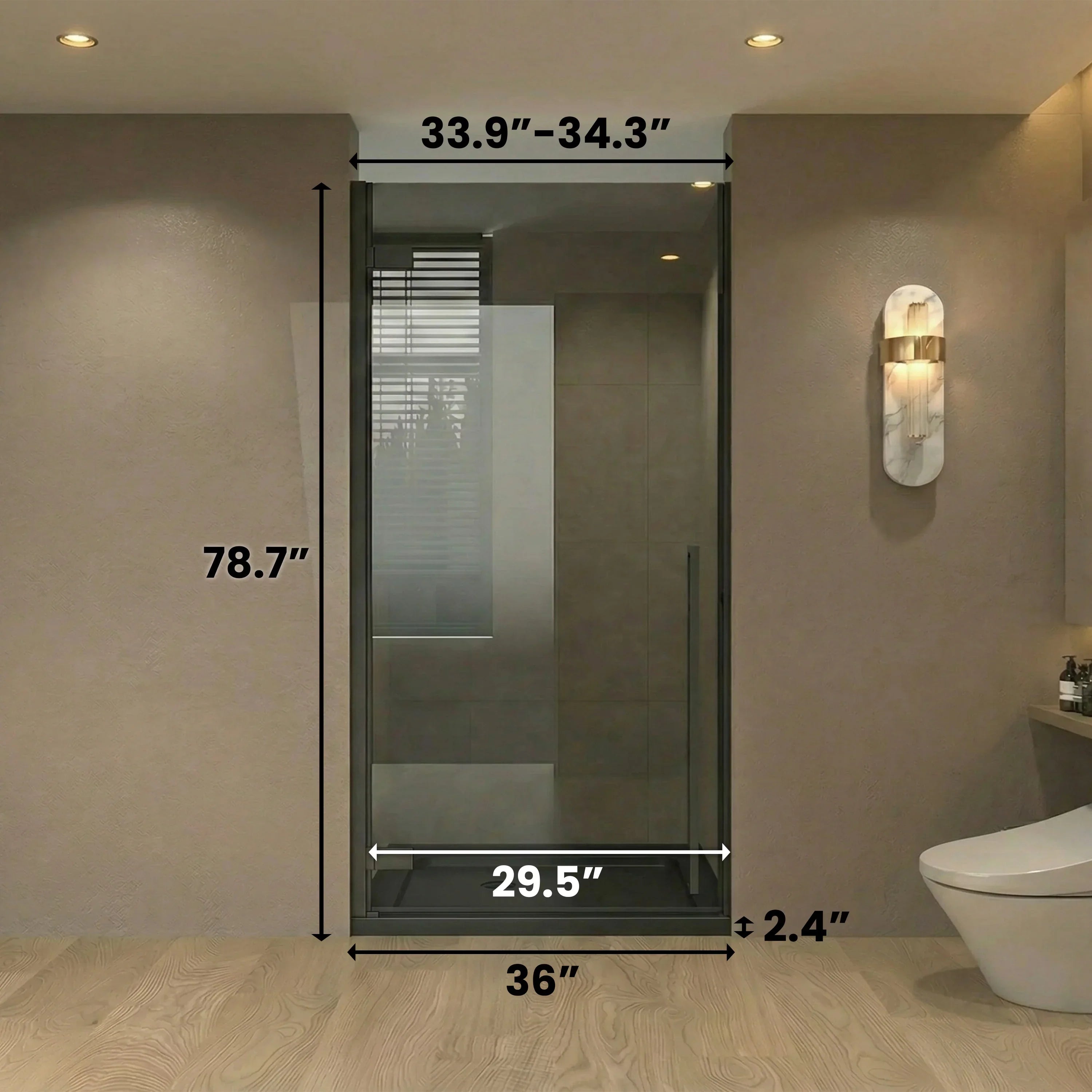 Porte de douche pivotante 36po x 79po noir mat avec verre teinté noir et base de douche noire 36po