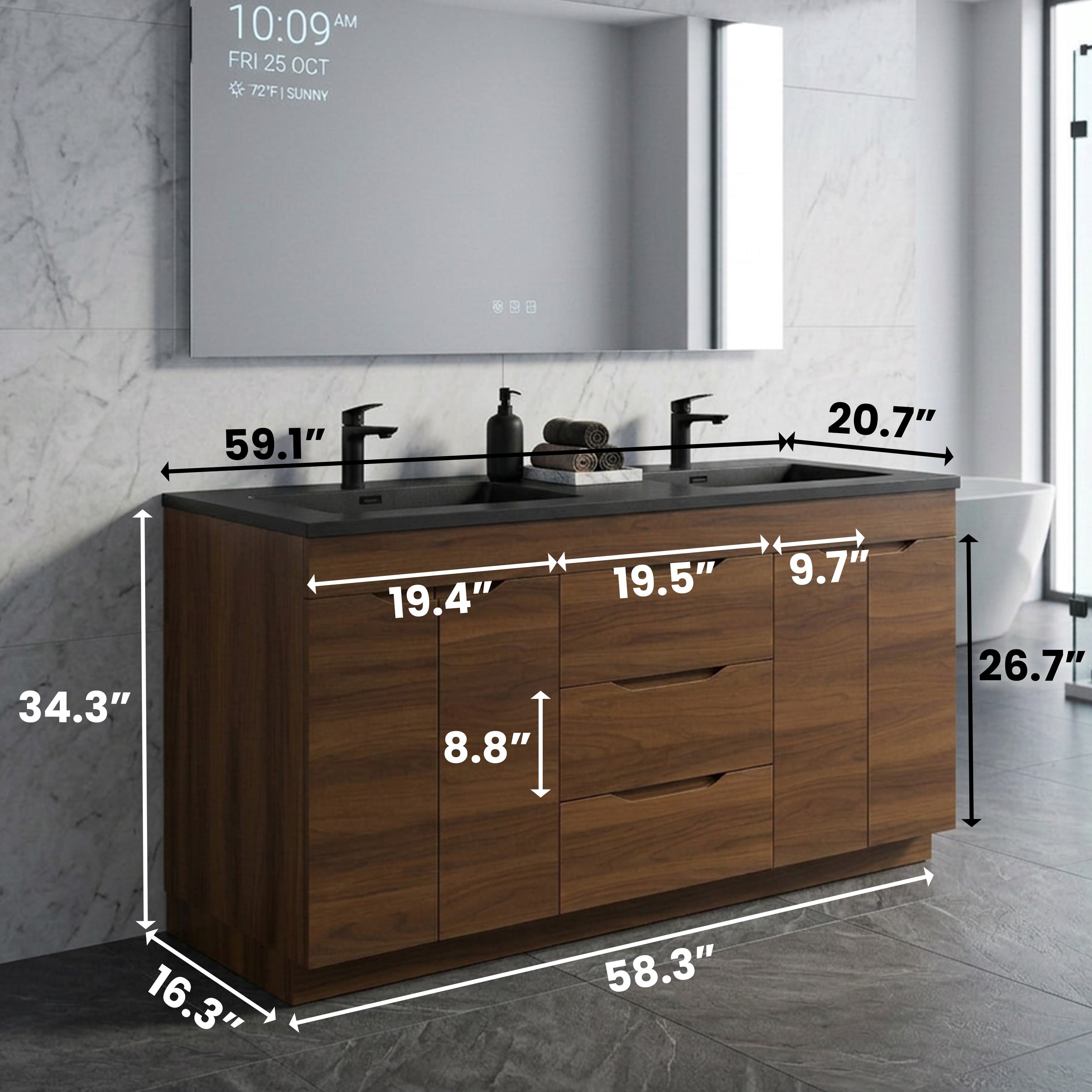 60" Walnut Freestanding Double Sink Vanity with Black Engineered Quartz Countertop