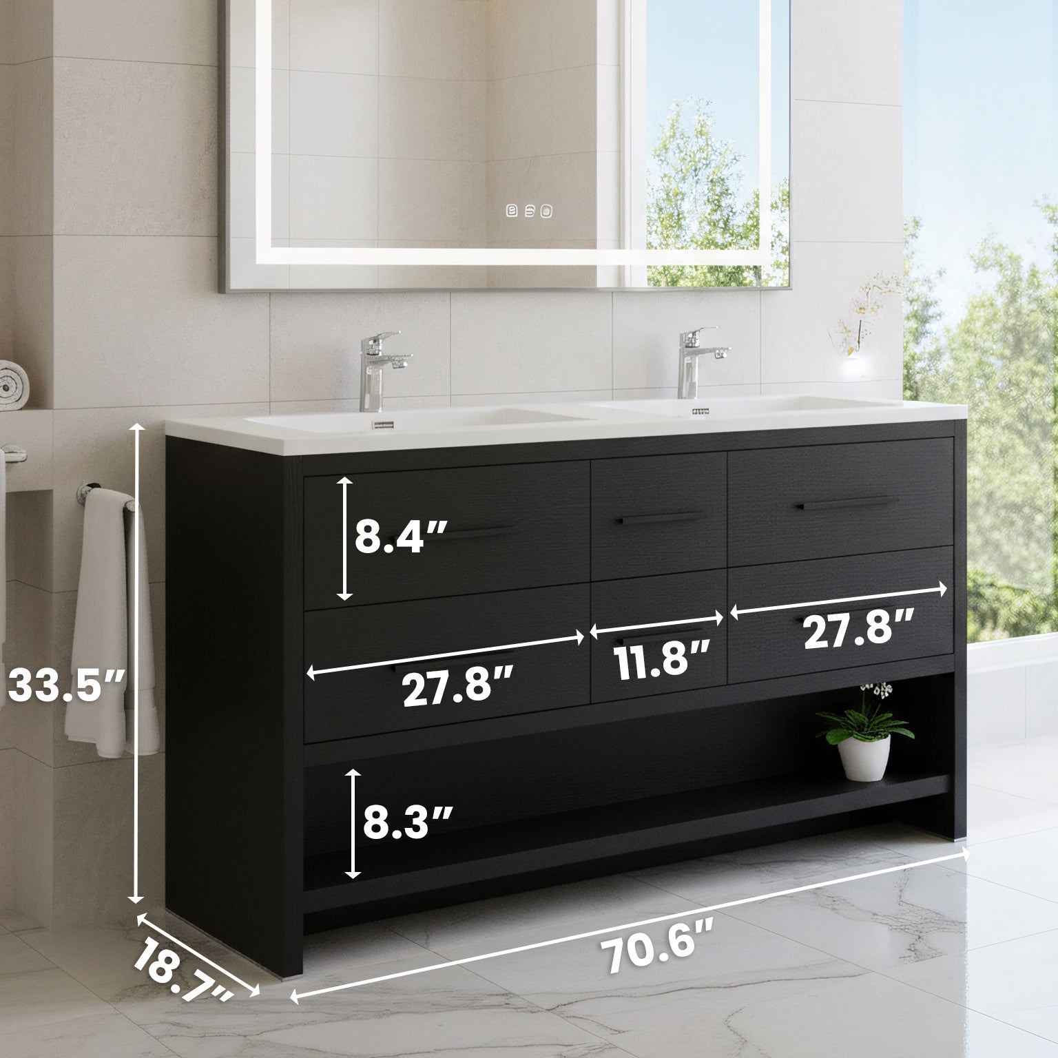 72" Black Rough Oak Freestanding Double Sink Bathroom Vanity with White Polymarble Countertop