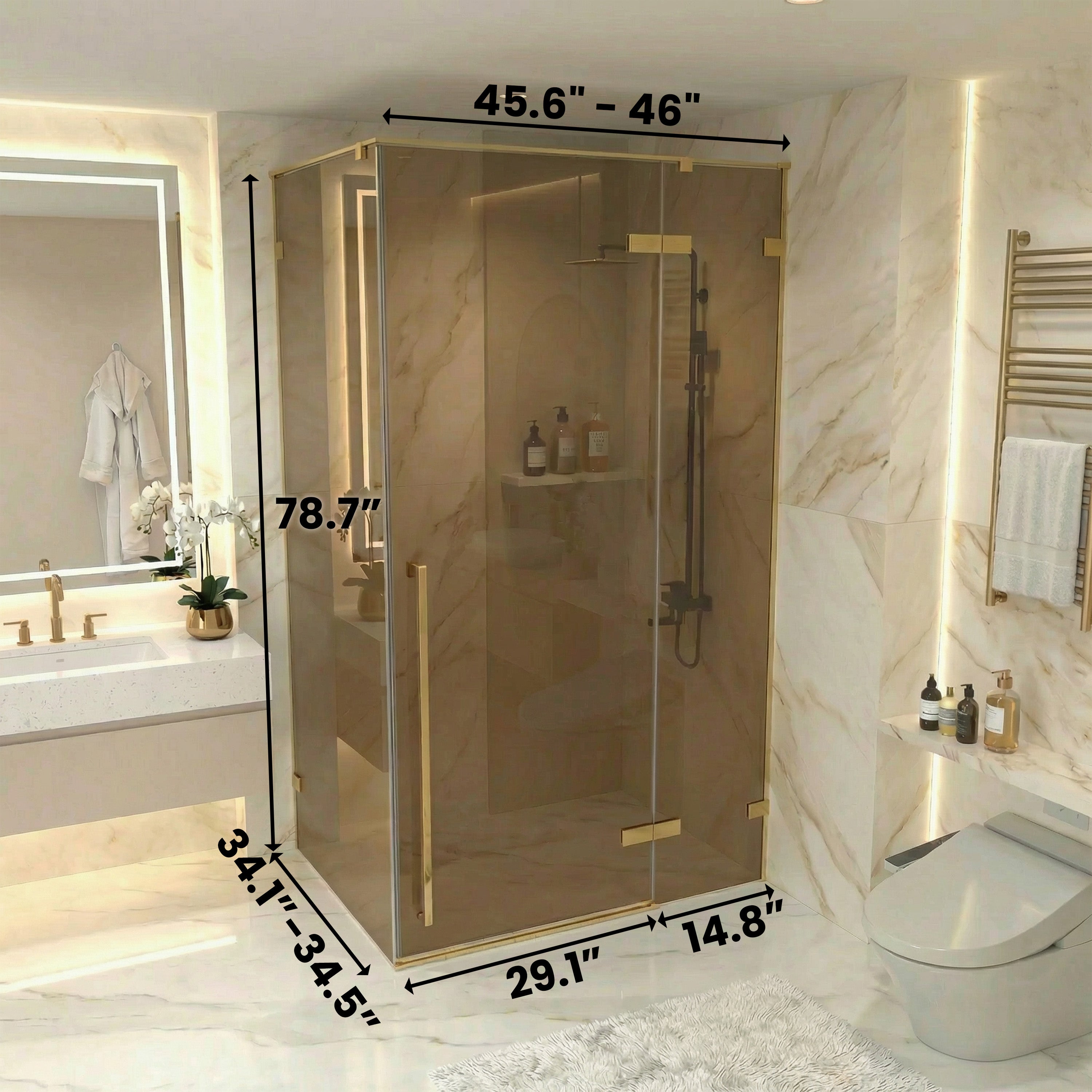 45.6"–46" x 79" Brushed Gold Reversible Pivot Shower Door with Brown Tinted Glass and 34.1"–34.5" Side Panel