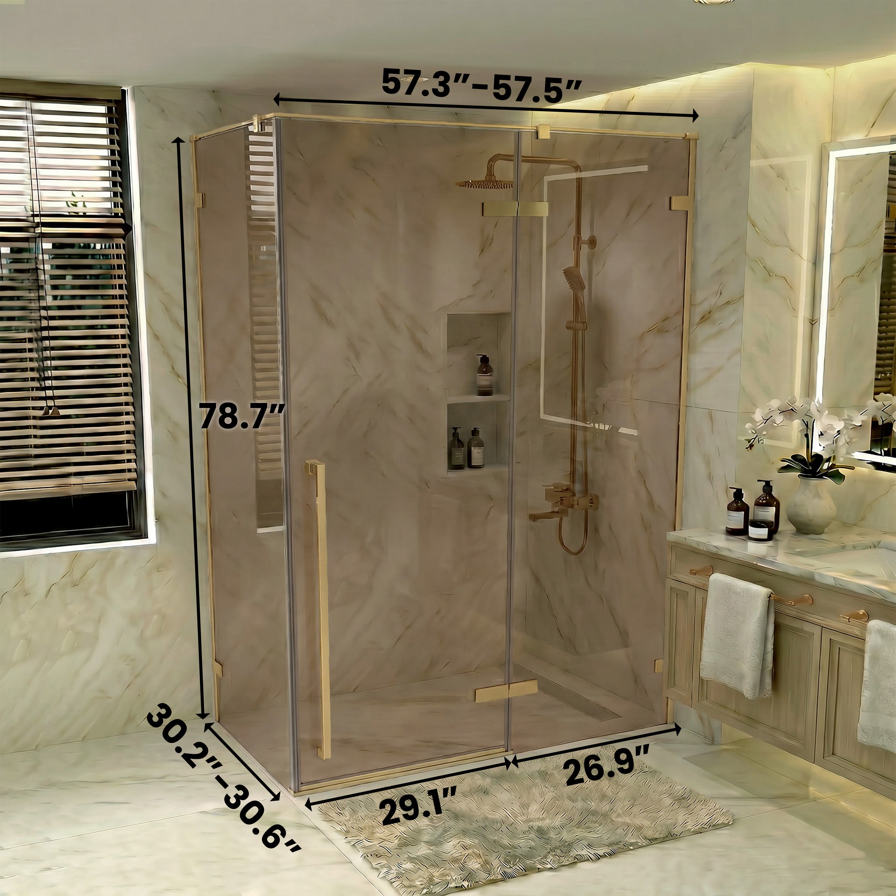 Porte de douche pivotante or brossé 60po x 79po avec verre teinté brun et panneau latéral 32po
