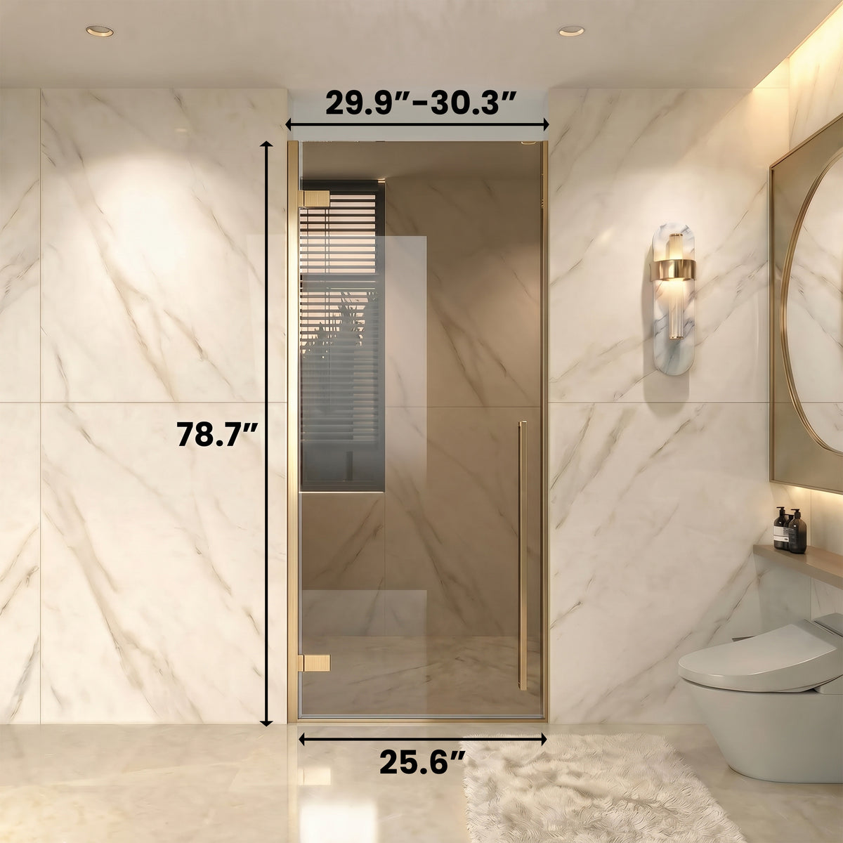 29,9po–30,3po L (largeur ajustable) x 79po H Porte de douche pivotante réversible sans cadre en or brossé avec verre brun teinté