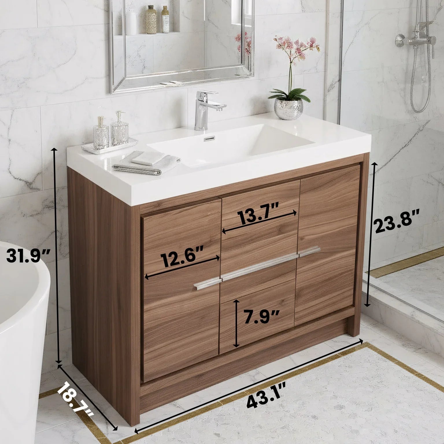 Meuble-lavabo de salle de bain autoportant en noyer de 42" avec Comptoir en polymarbre blanc