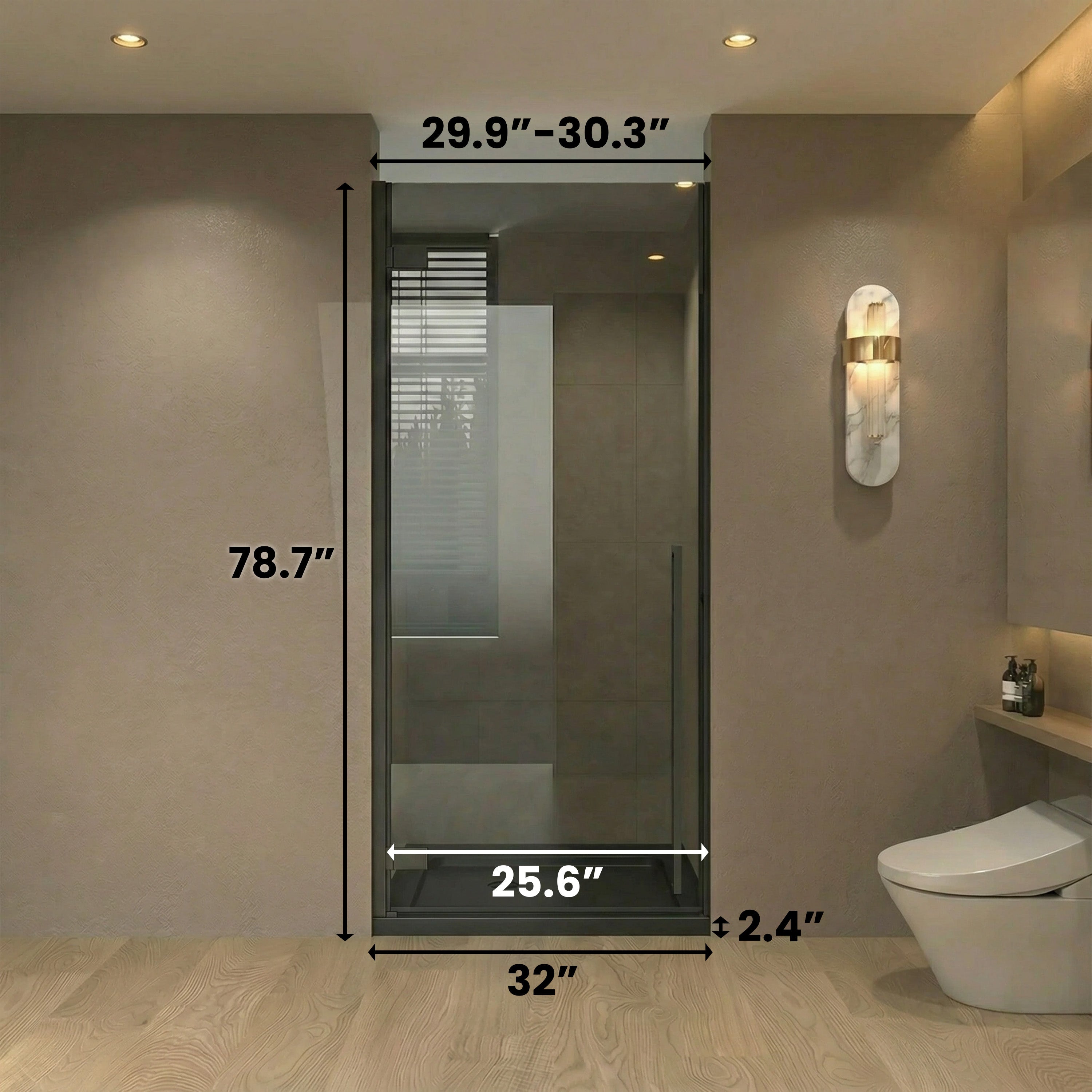 32" x 79" Reversible Pivot Shower Door in Matte Black with Black Tinted Glass and 32" x 32" Glossy Black Acrylic Shower Base with Corner Drain