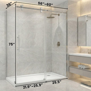 Porte de douche coulissante réversible chromée 60 po x 36 po x 75 po - Verre 10 mm, installation sur deux murs avec panneau latéral de 36 po.