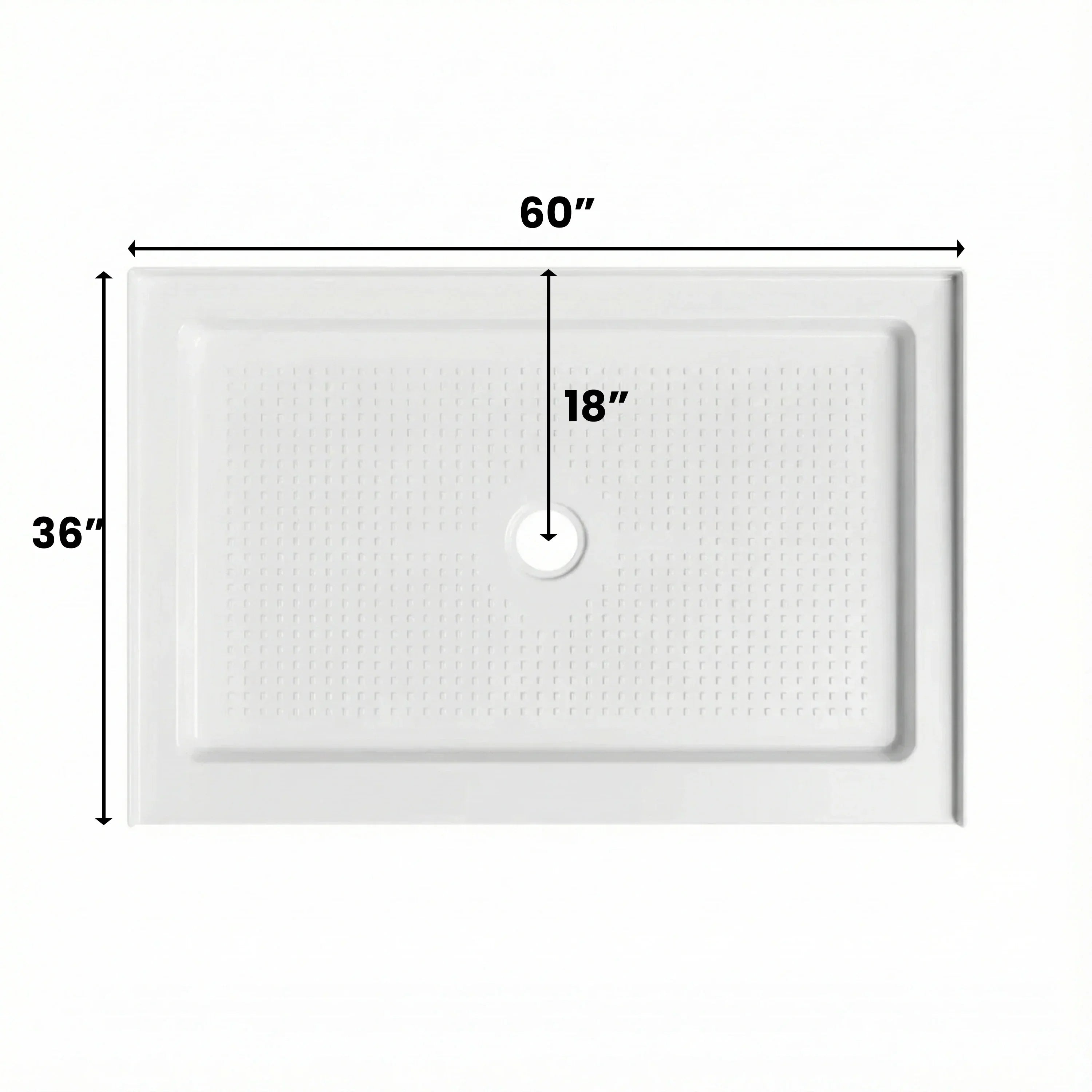 Base de douche acrylique blanche 60po x 36po – Drain central, installation 3 murs