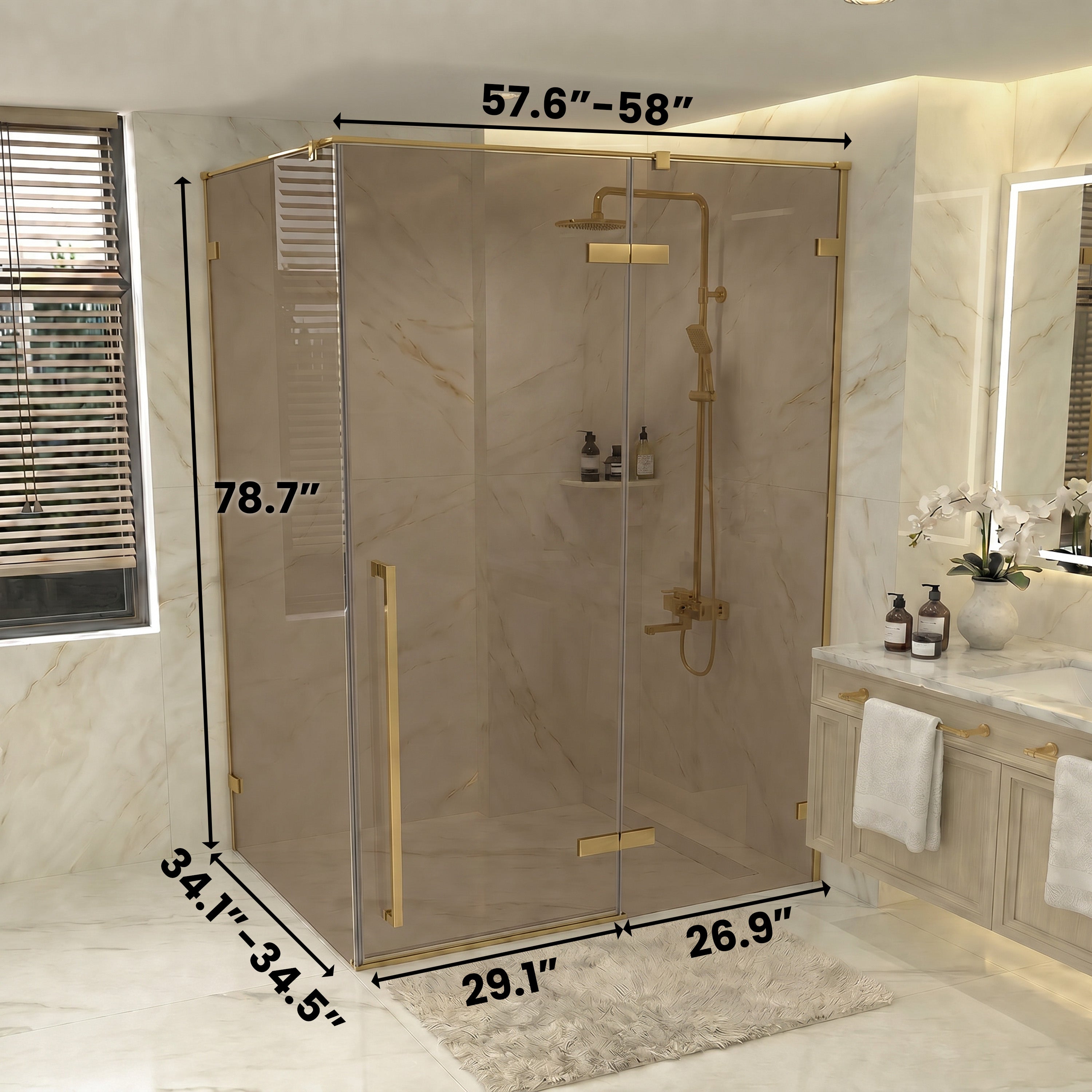 Porte de Douche Pivotante Réversible Or Brossé 60po x 79po avec Verre Brun et Panneau Latéral 36po