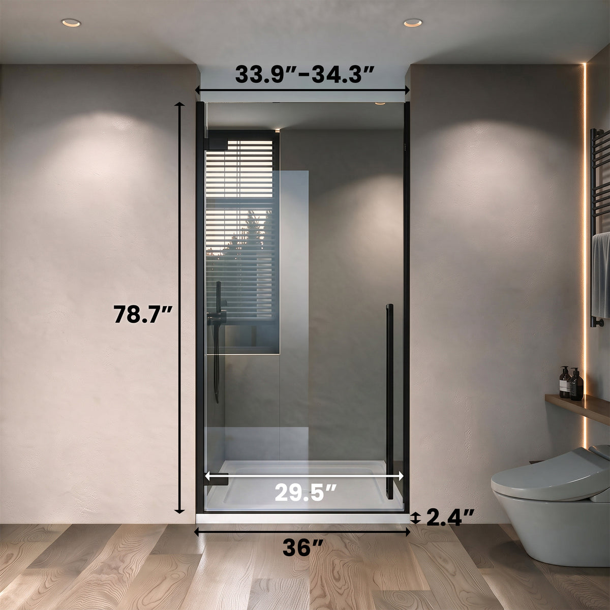 33,9po–34,3po L (largeur ajustable) x 79po H Porte de douche pivotante réversible sans cadre en noir mat avec verre teinté noir et base de douche blanche 36po