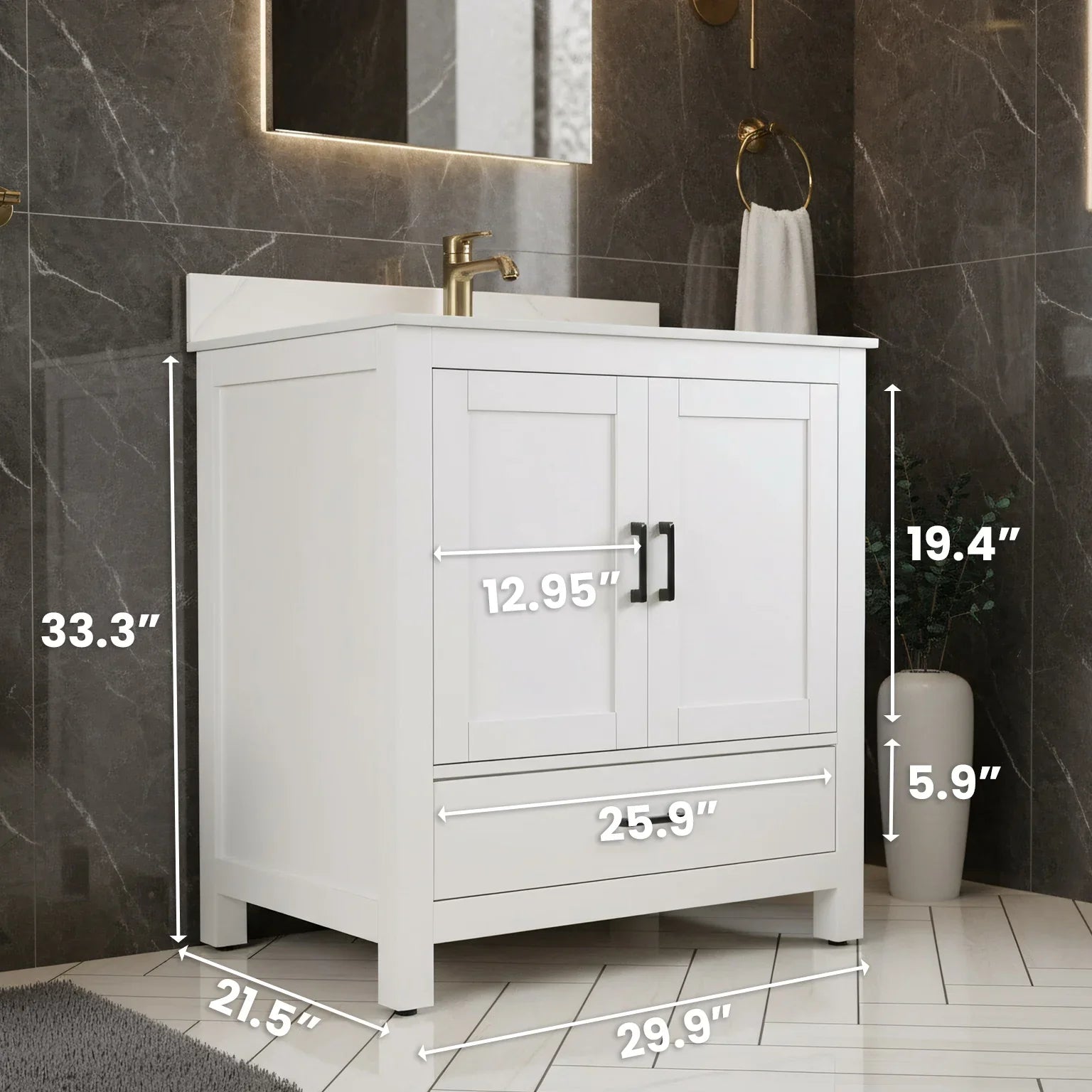 Meuble-Lavabo Autoportant 30po Blanc avec Comptoir de Marbre Calcutta d'ingénierie