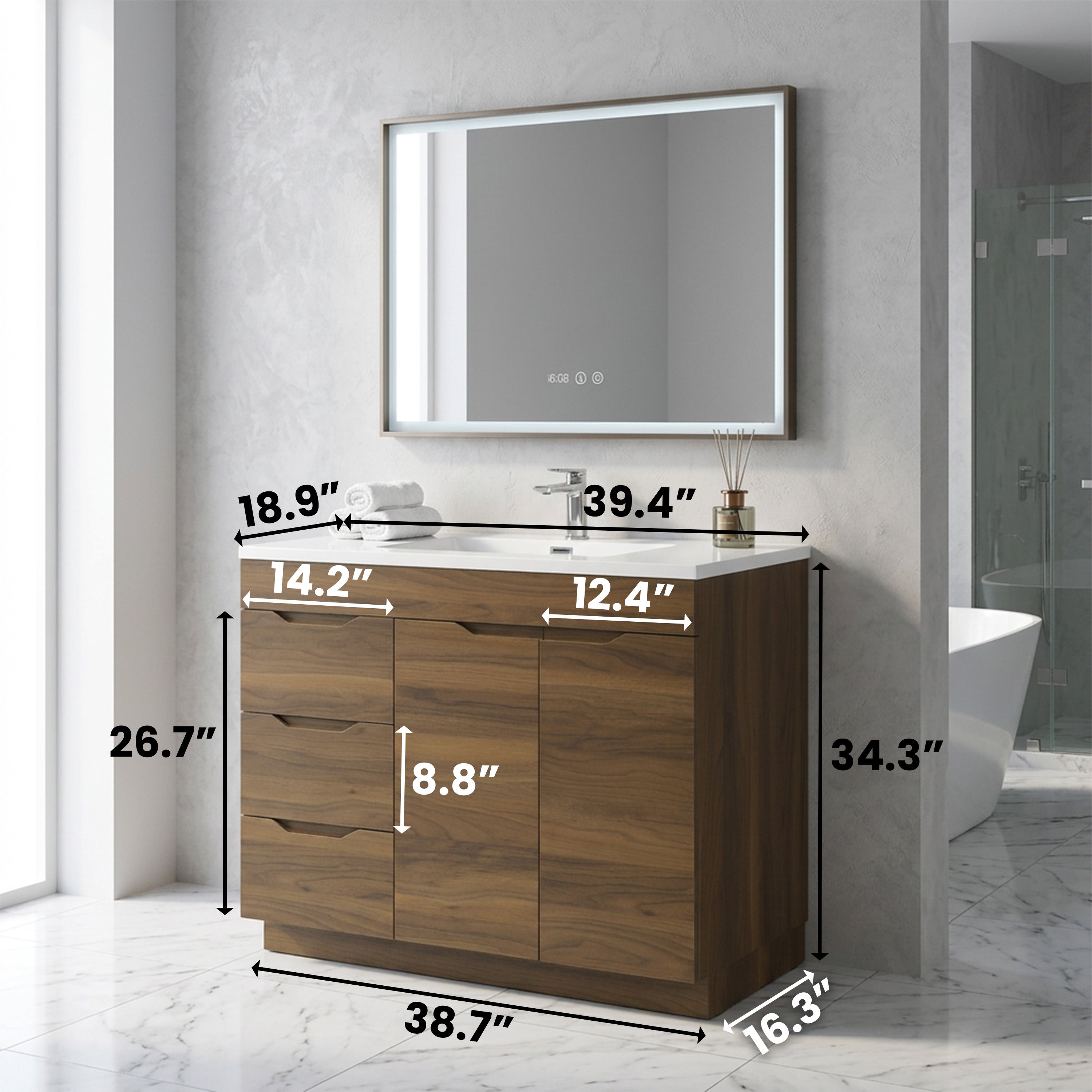 Meuble Lavabo Noyer Autoportant 40 Pouces avec Comptoir Polymarbre - Collection Augusta