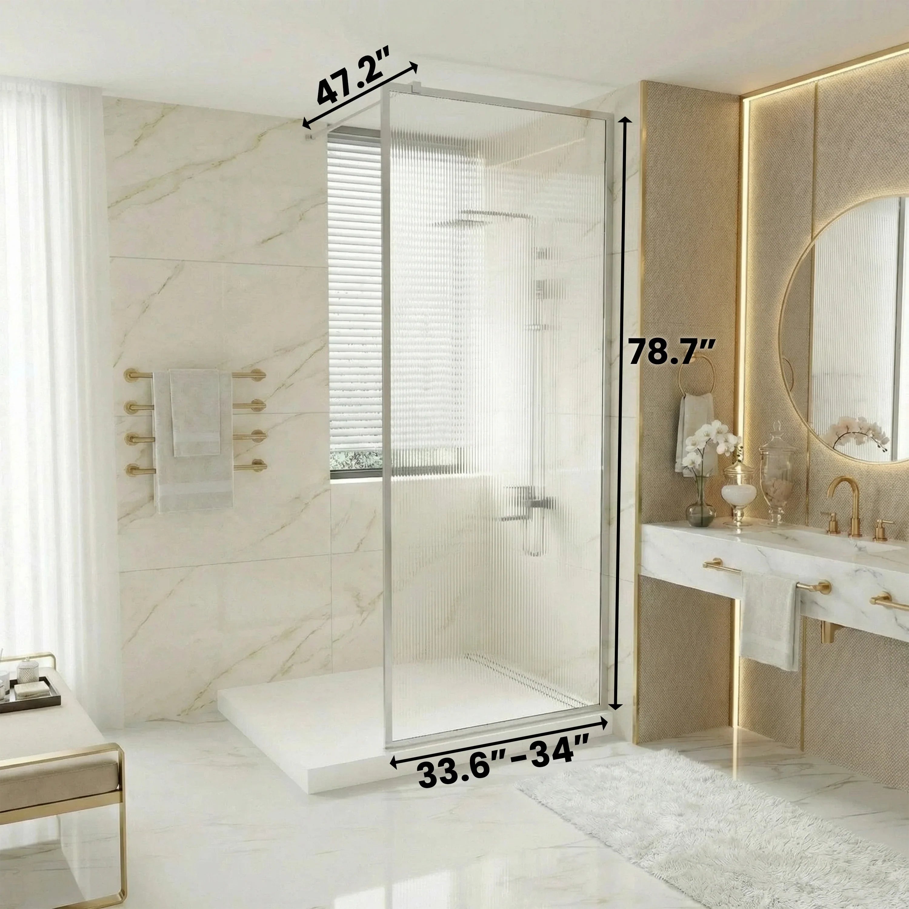 Panneau de Douche Fixe 34po x 79po Chrome Réversible avec Verre Cannelé Ultra Clair