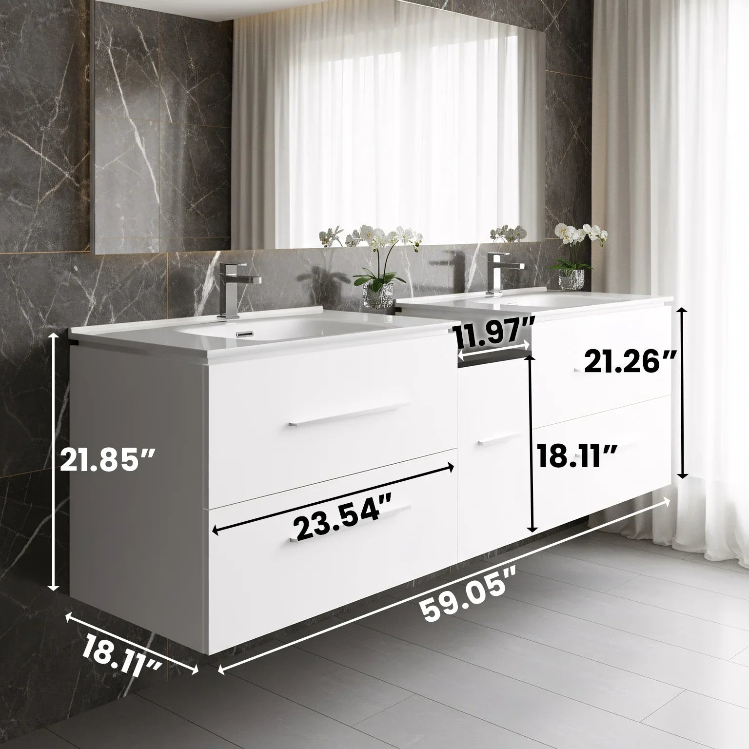 60" Matte White Wall Mount Double Sink Bathroom Vanity with White Ceramic Countertop
