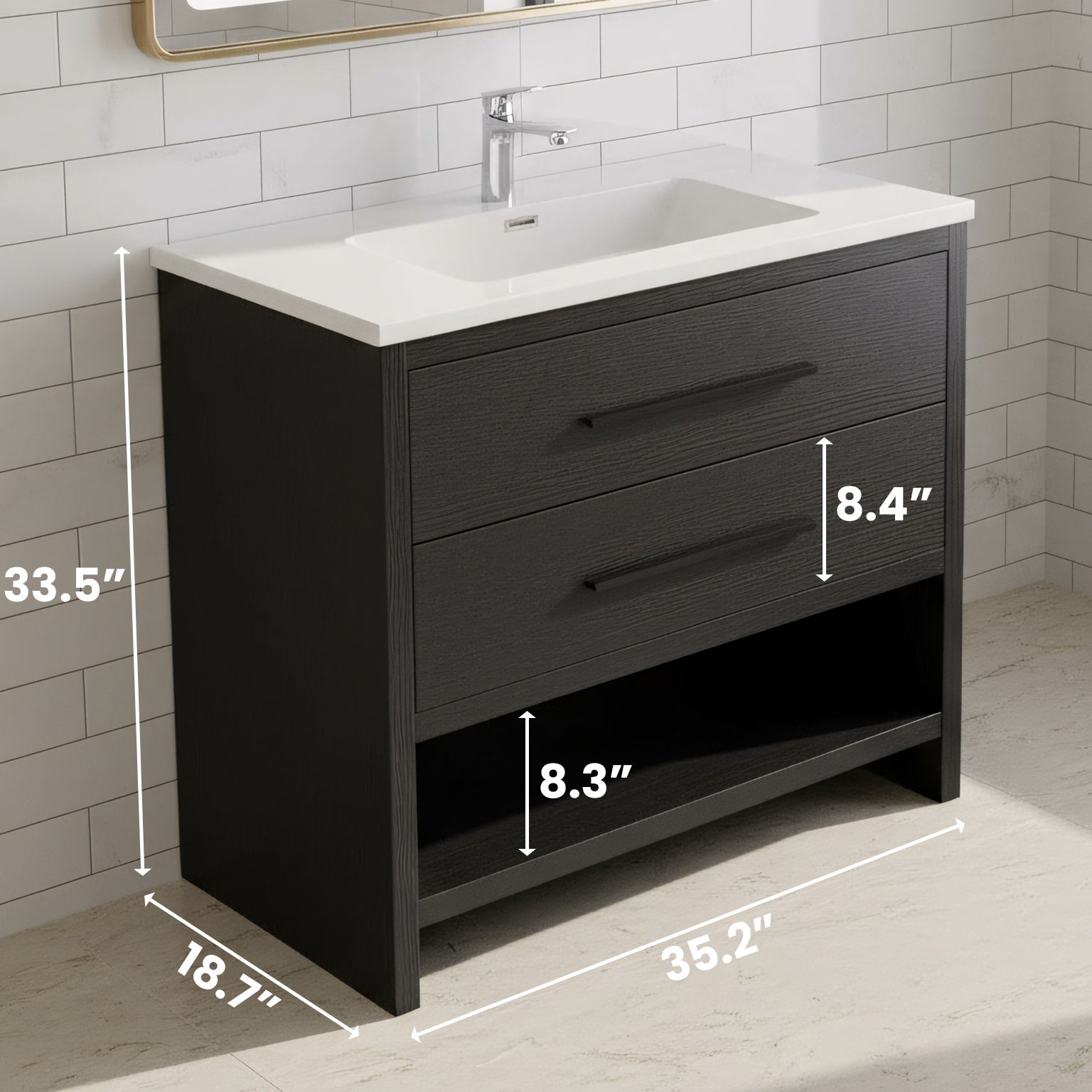 36" Black Rough Oak Freestanding Bathroom Vanity with White Polymarble Countertop