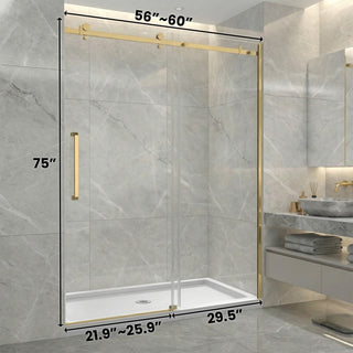 60" x 75" x 10mm Alcove Reversible Sliding Shower Door with Square Design Hardware in Brushed Gold