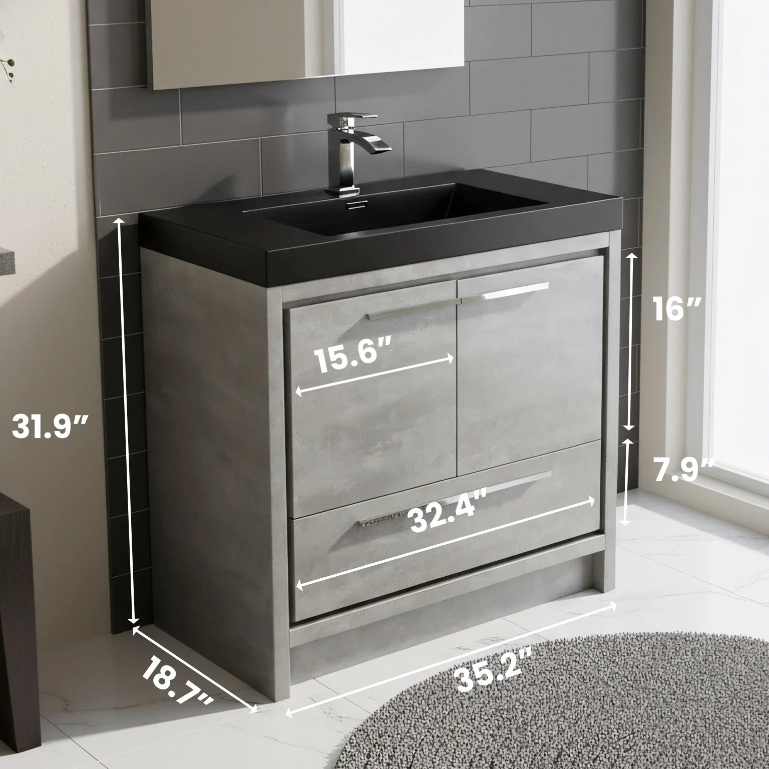 36" Cement Freestanding Bathroom Vanity with Black Quartz Engineered Countertop
