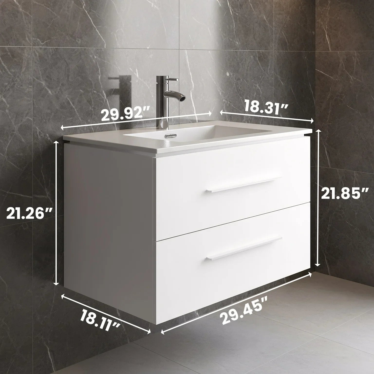 30" Matte White Wall Mount Bathroom Vanity with White Ceramic Countertop
