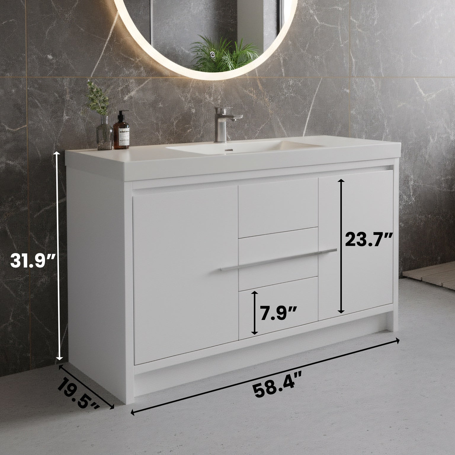 60" Glossy White Freestanding Single Sink Bathroom Vanity with White Polymarble Countertop