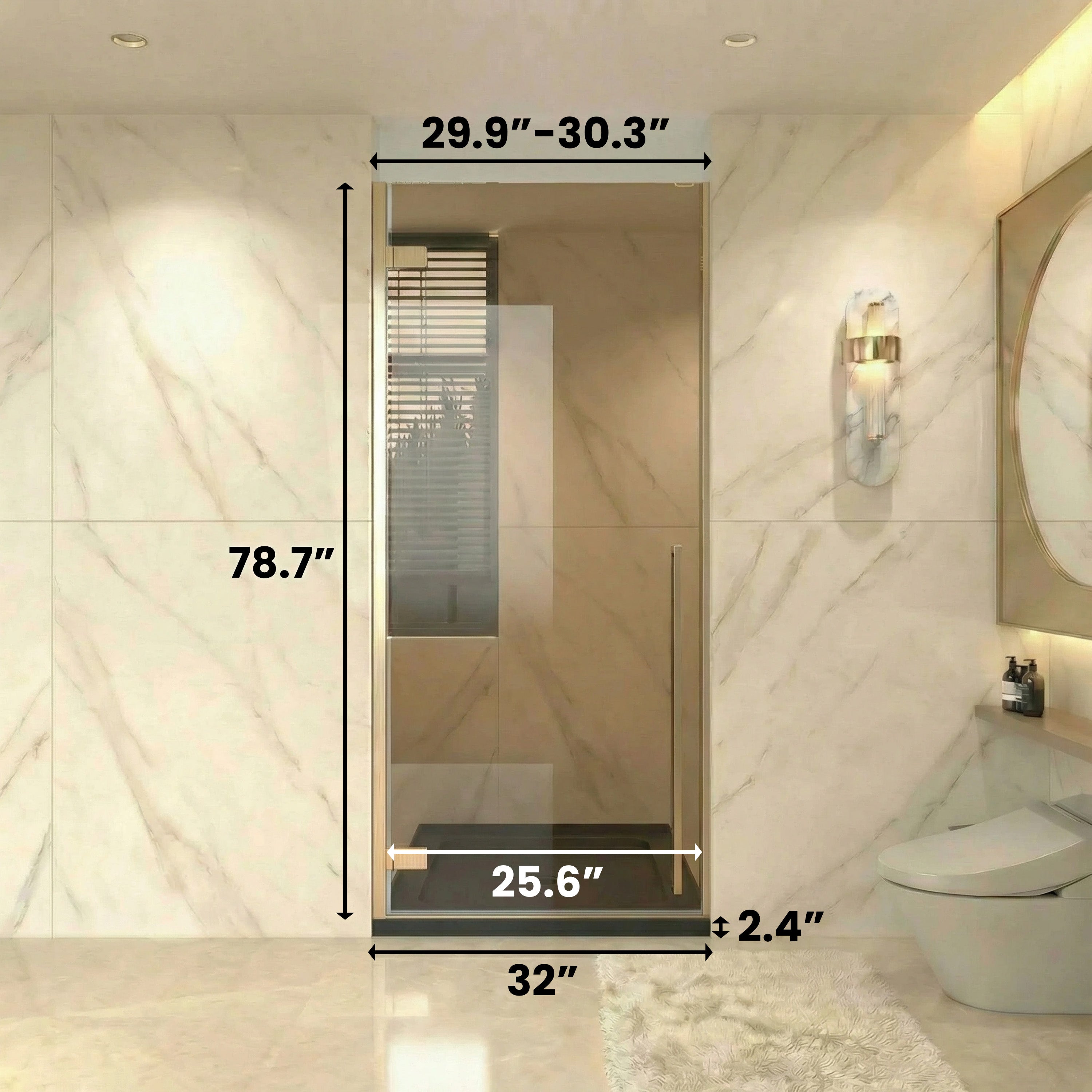 29.9"–30.3" W (Adjustable Width) x 79" H Frameless Reversible Pivot Shower Door in Brushed Gold with Brown Tinted Glass & 32" Black Shower Base