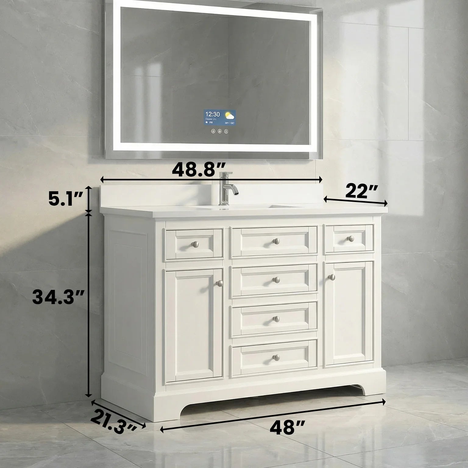 48" White Freestanding Bathroom Vanity with Engineered White Marble Countertop