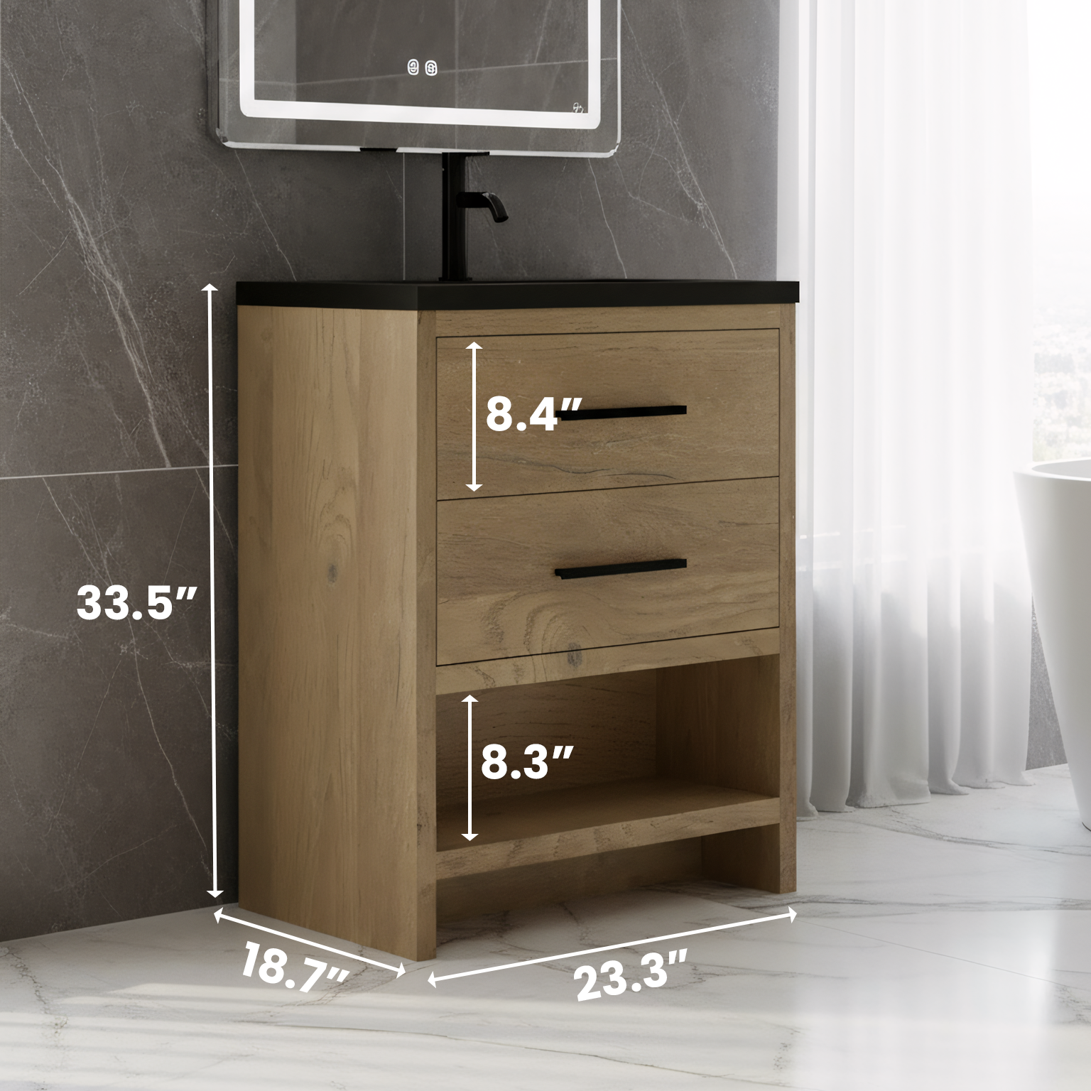 30" Rough Oak Freestanding Bathroom Vanity with Black Engineered Quartz Countertop