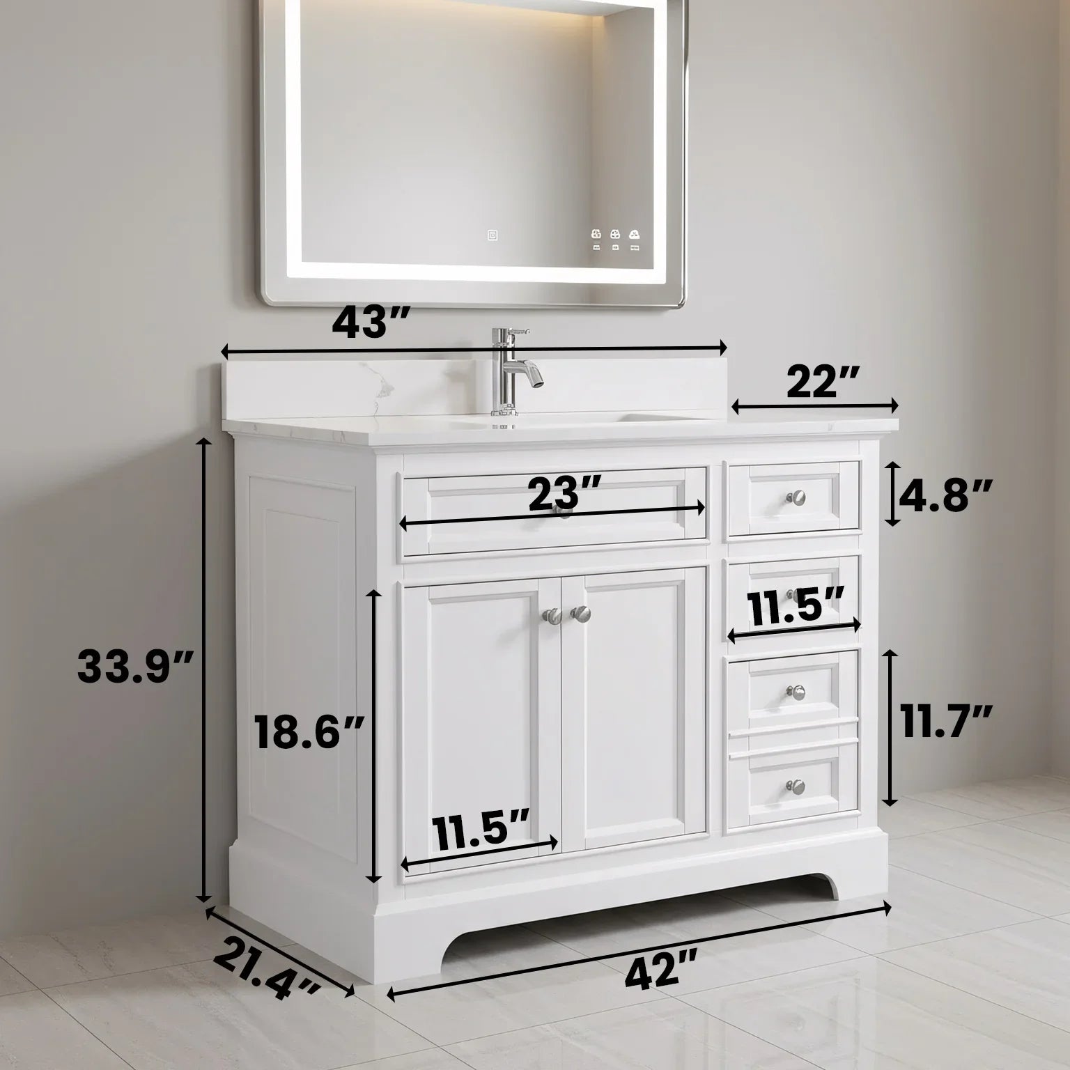 42" White Freestanding Single Sink Bathroom Vanity with Engineered Calcutta Marble Countertop