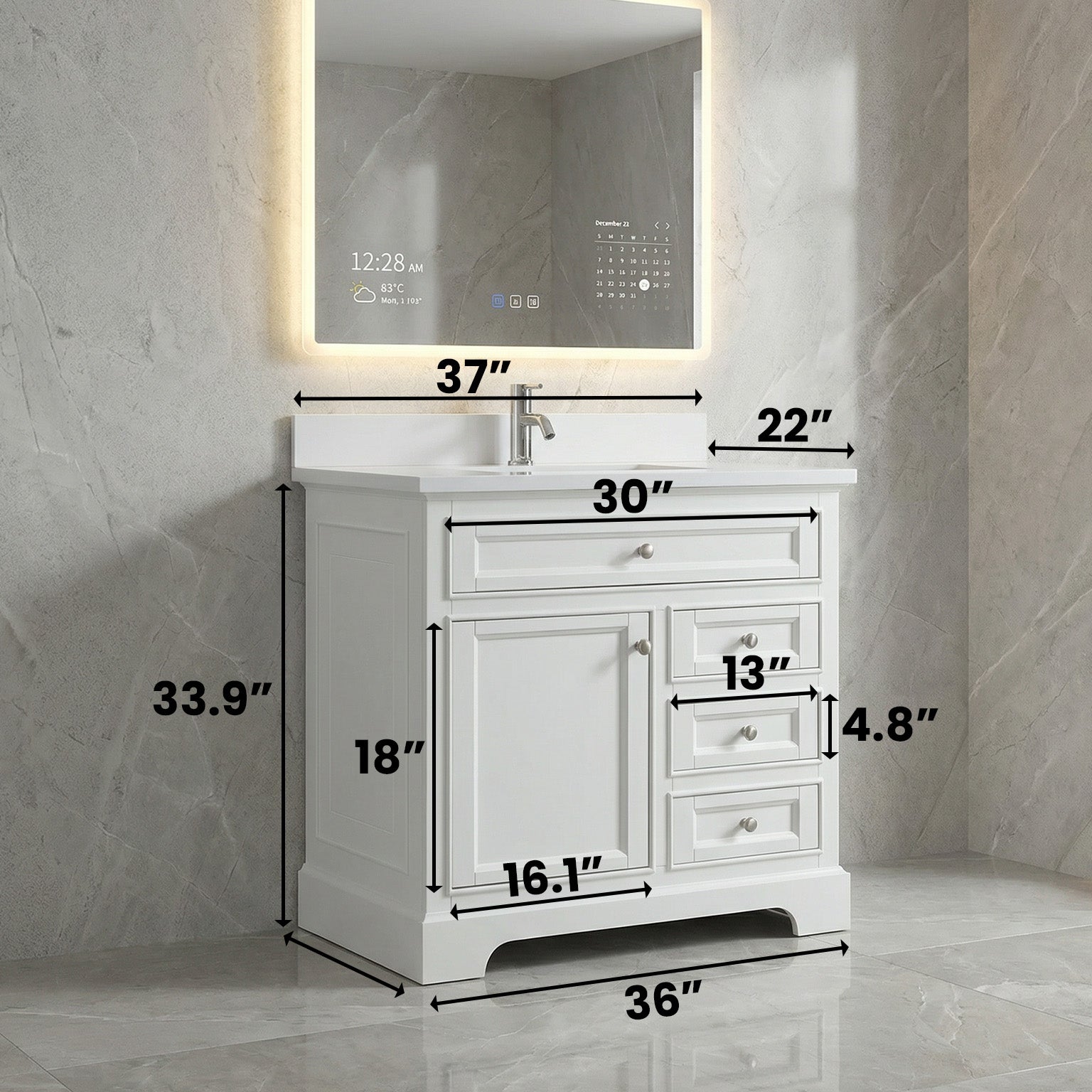 Meuble-lavabo autoportant blanc de 36 po avec comptoir en marbre blanc reconstitué