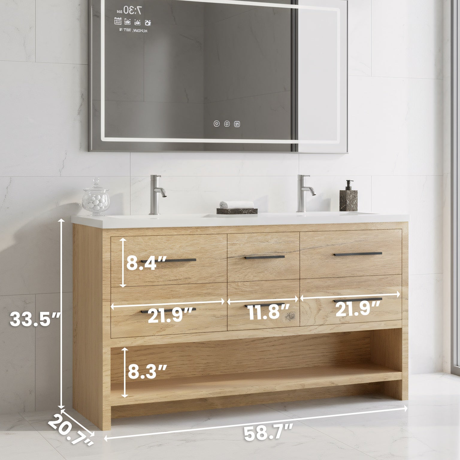 60" Rough Oak Freestanding Double Sink Bathroom Vanity with White Polymarble Countertop