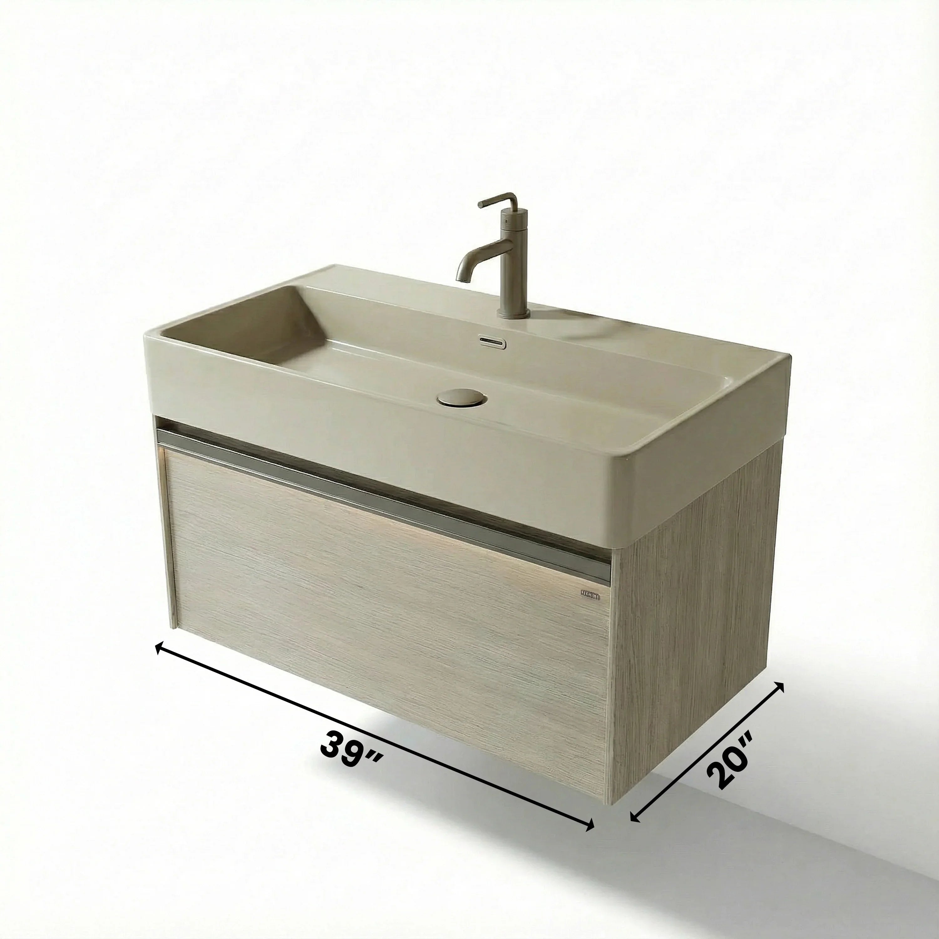 Meuble-lavabo mural taupe de 40 po avec comptoir intégré en surface solide nano taupe clair et Pop-up