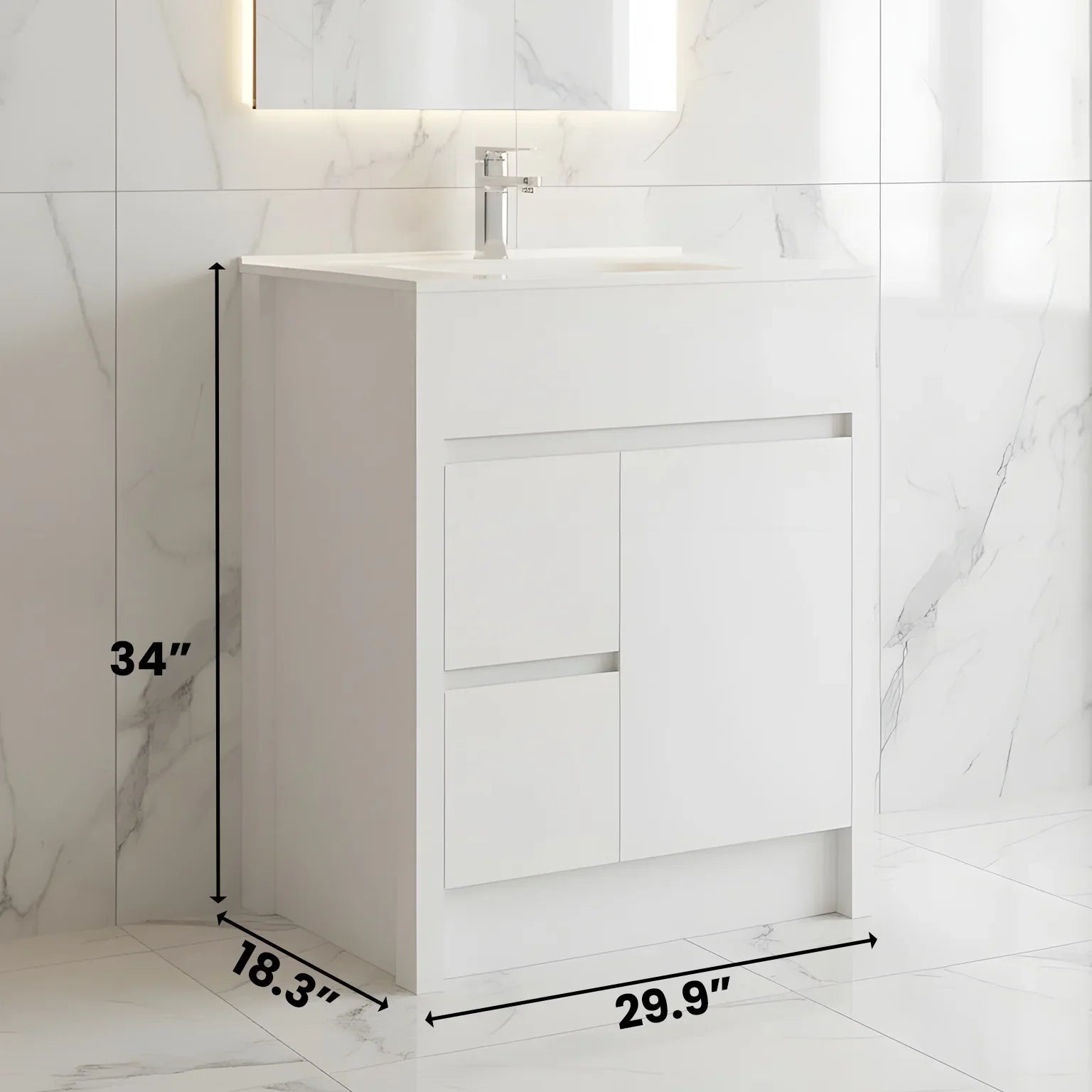 Meuble-Lavabo Autoportant 30po Blanc Mat avec Comptoir de Céramique Blanc