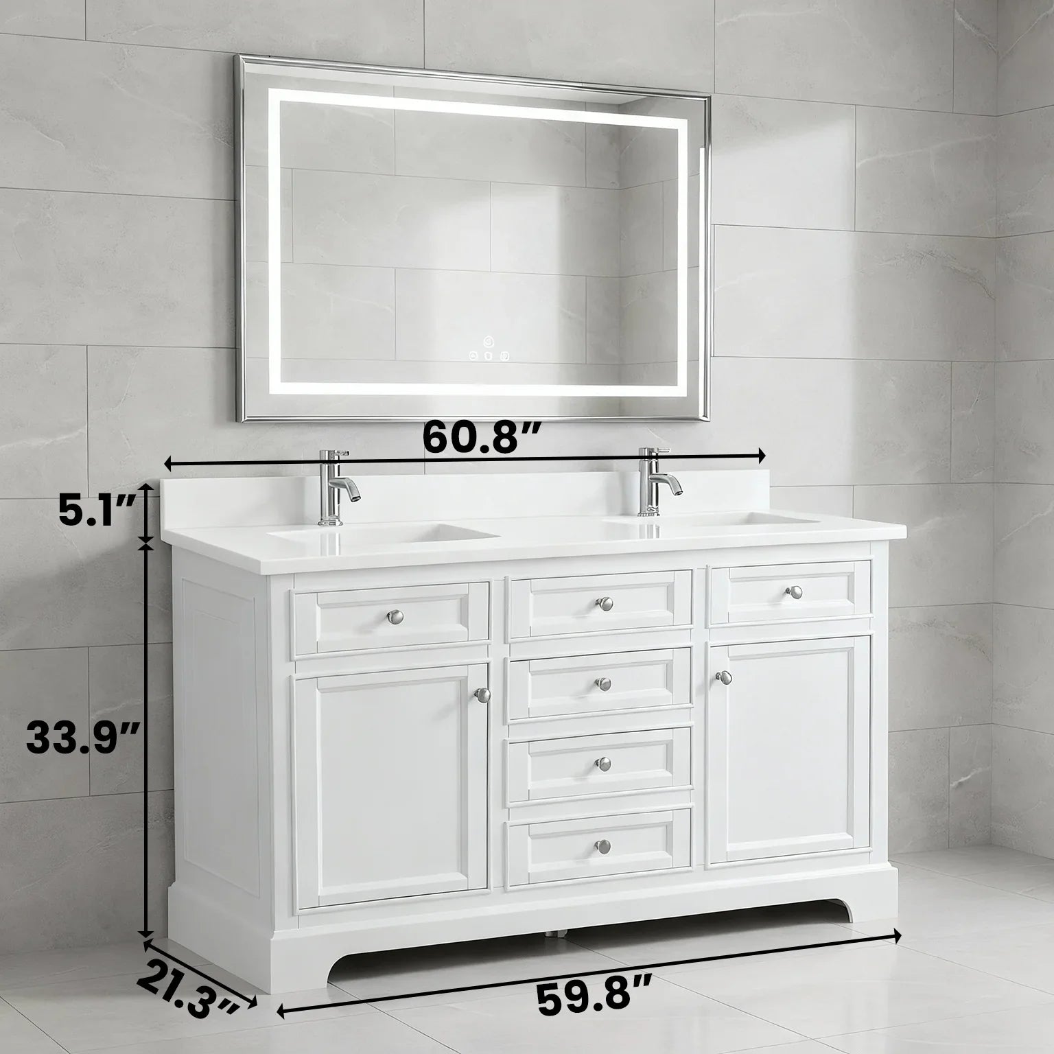 60" White Freestanding Double Sink Bathroom Vanity with Solid White Quartz Countertop