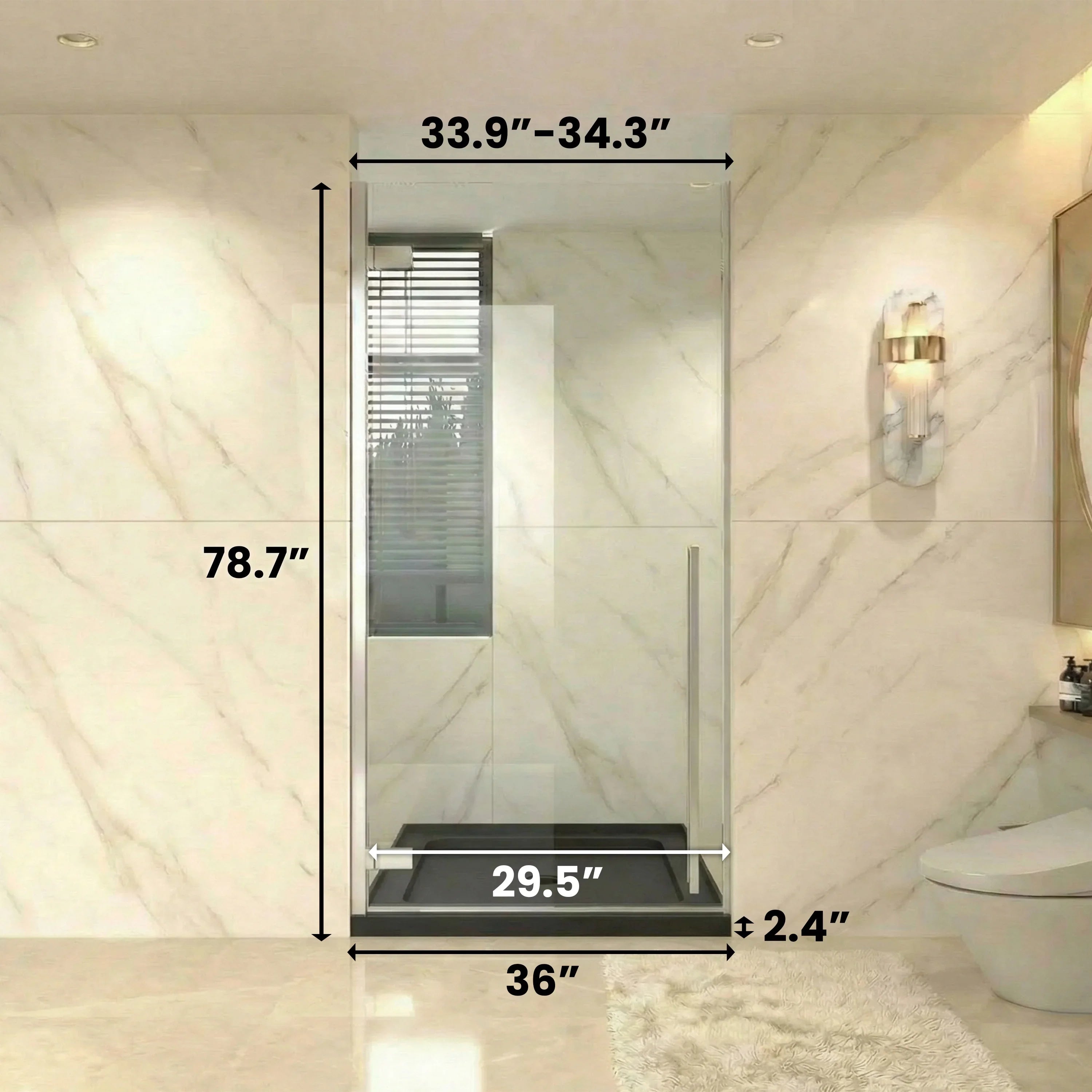 Porte de douche pivotante chromée 36po x 79po avec base acrylique noire brillante 36po