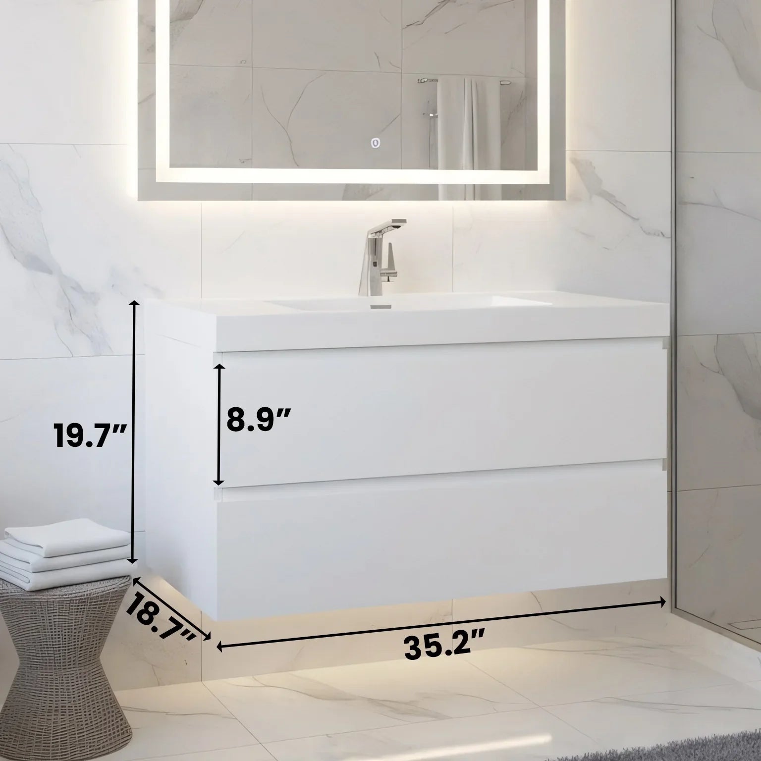Meuble-Lavabo Mural 36po Blanc Brillant avec Comptoir de Polymarbre Blanc 