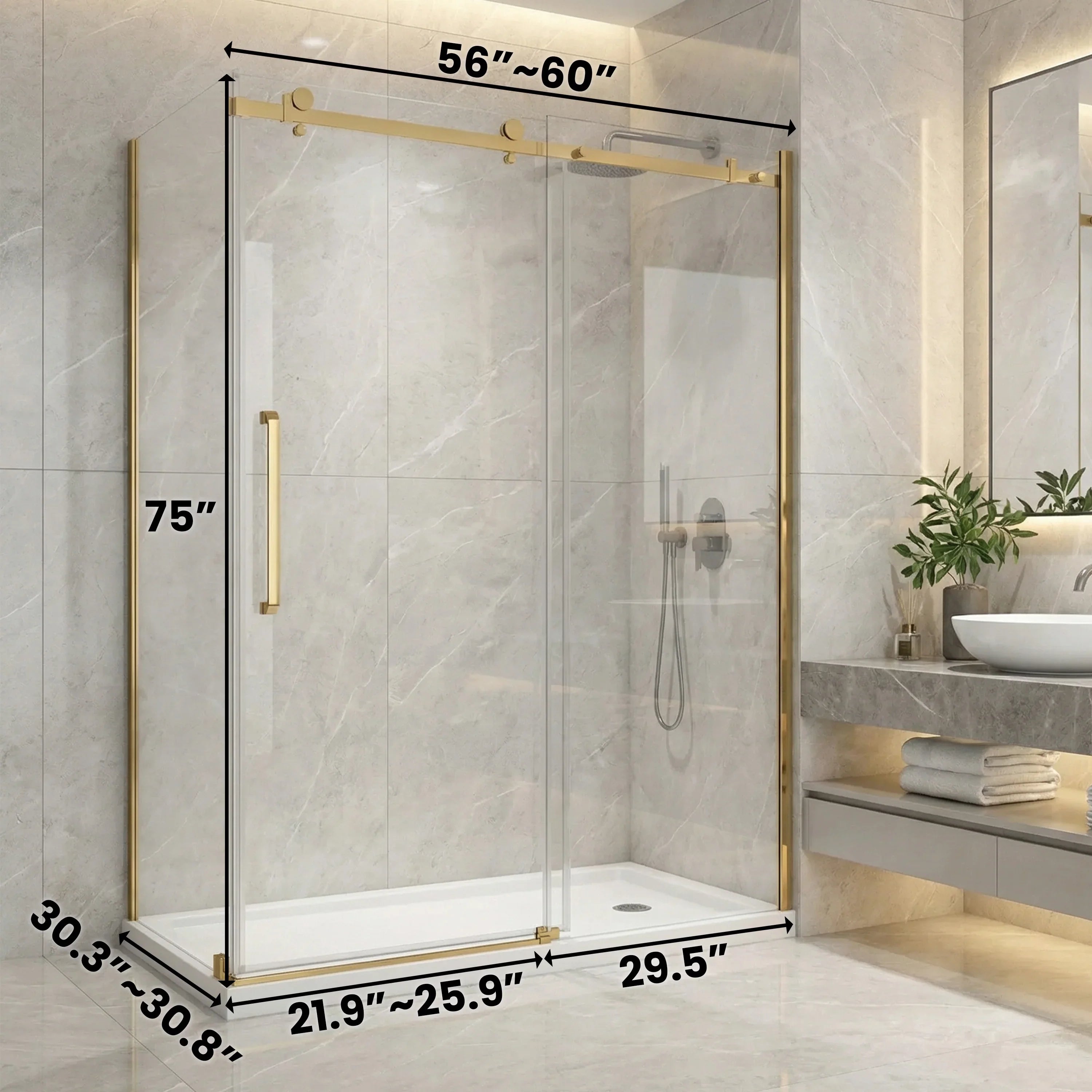 Porte de douche coulissante 60po x 32po x 75po en or brossé avec panneau latéral 32po