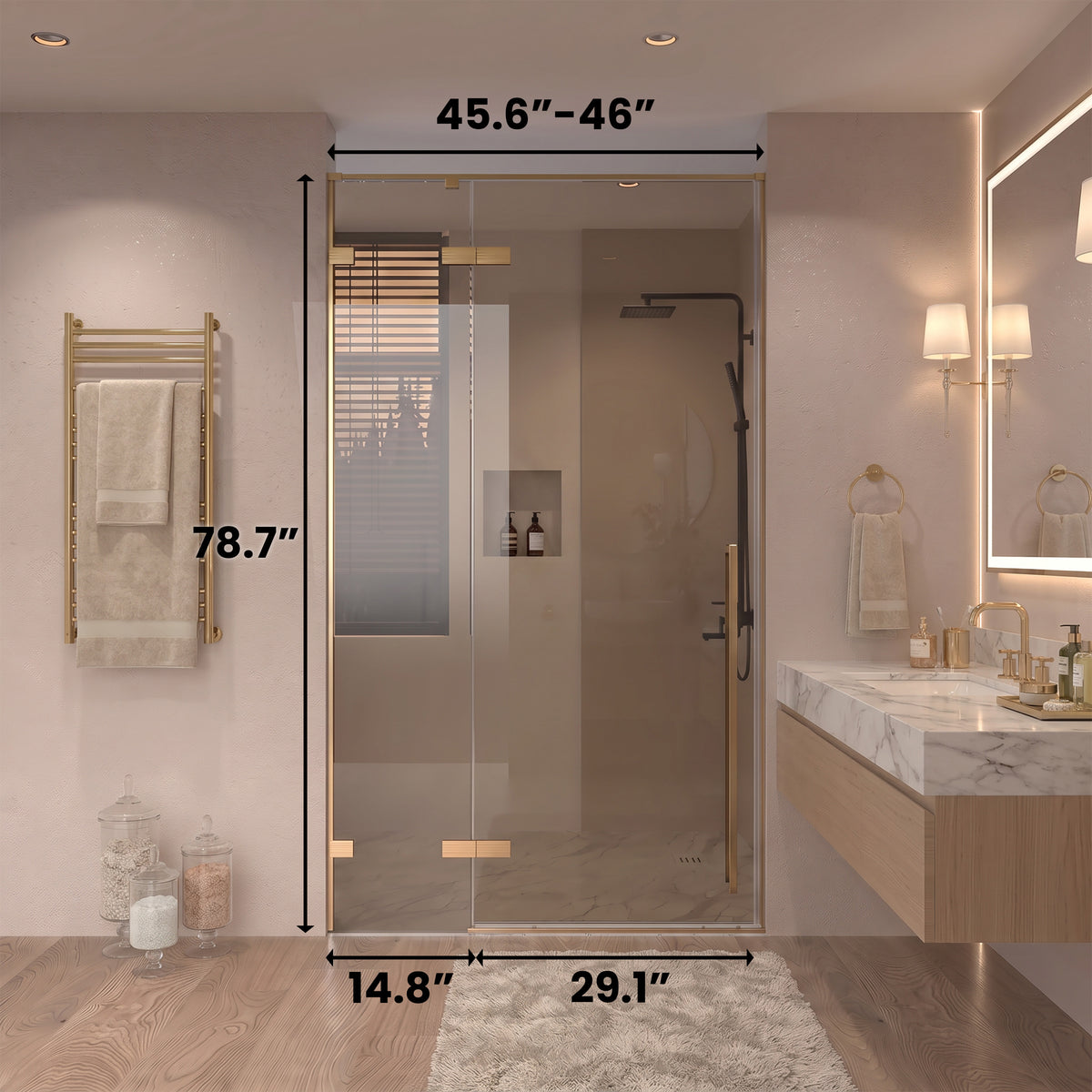 45.6"–46" W (Adjustable Width) x 79" H Frameless Reversible Pivot Shower Door in Brushed Gold with Brown Tinted Glass