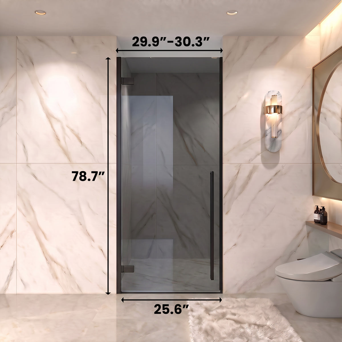 29,9po–30,3po L (largeur ajustable) x 79po H Porte de douche pivotante réversible sans cadre en noir mat avec verre teinté noir