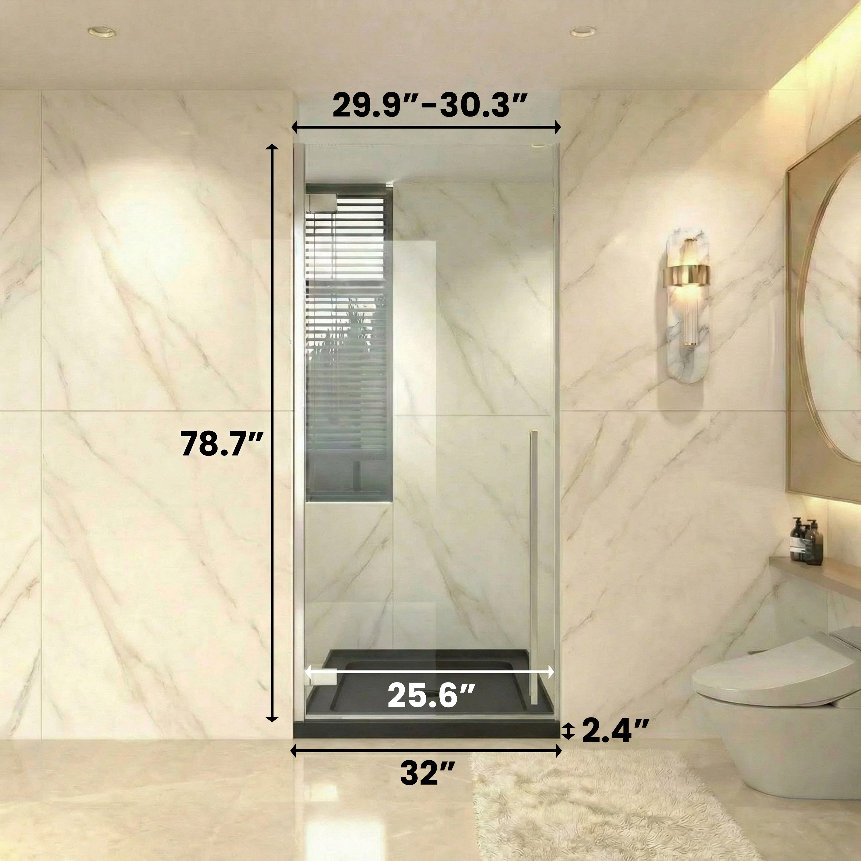 29.9"–30.3" W (Adjustable Width) x 79" H Frameless Reversible Pivot Shower Door in Chrome with 32" Glossy Black Acrylic Shower Base