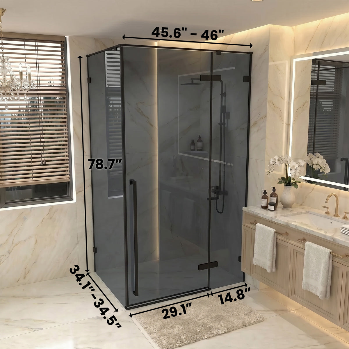 45.6"–46" W (Adjustable Width) x 79" H Frameless Reversible Pivot Shower Door in Matte Black with 34.1"–34.5" Side Panel – Black Tinted Glass