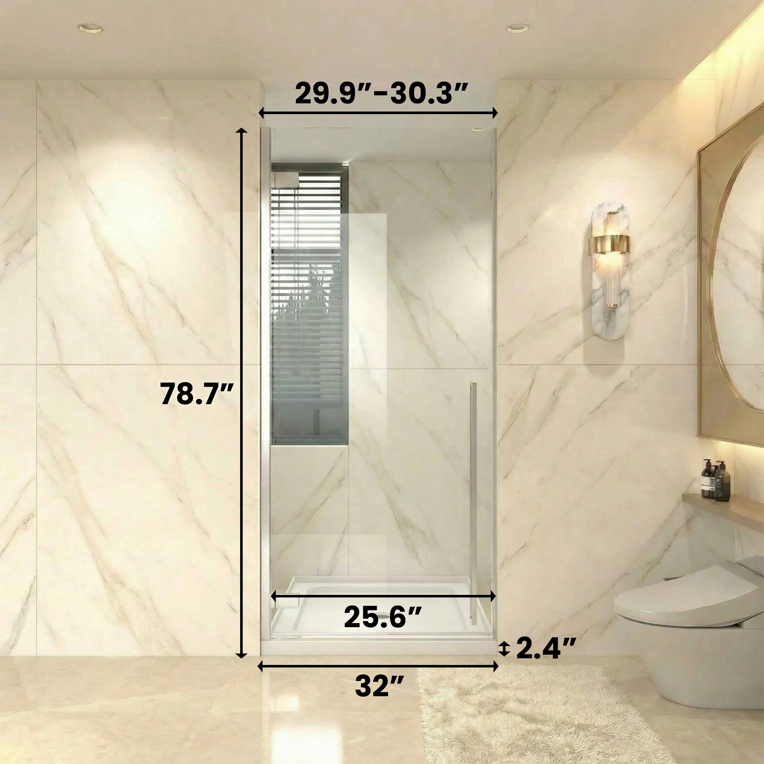 32" x 79" Reversible Pivot Shower Door in Chrome with Clear Glass and 32" x 32" Glossy White Acrylic Shower Base with Corner Drain