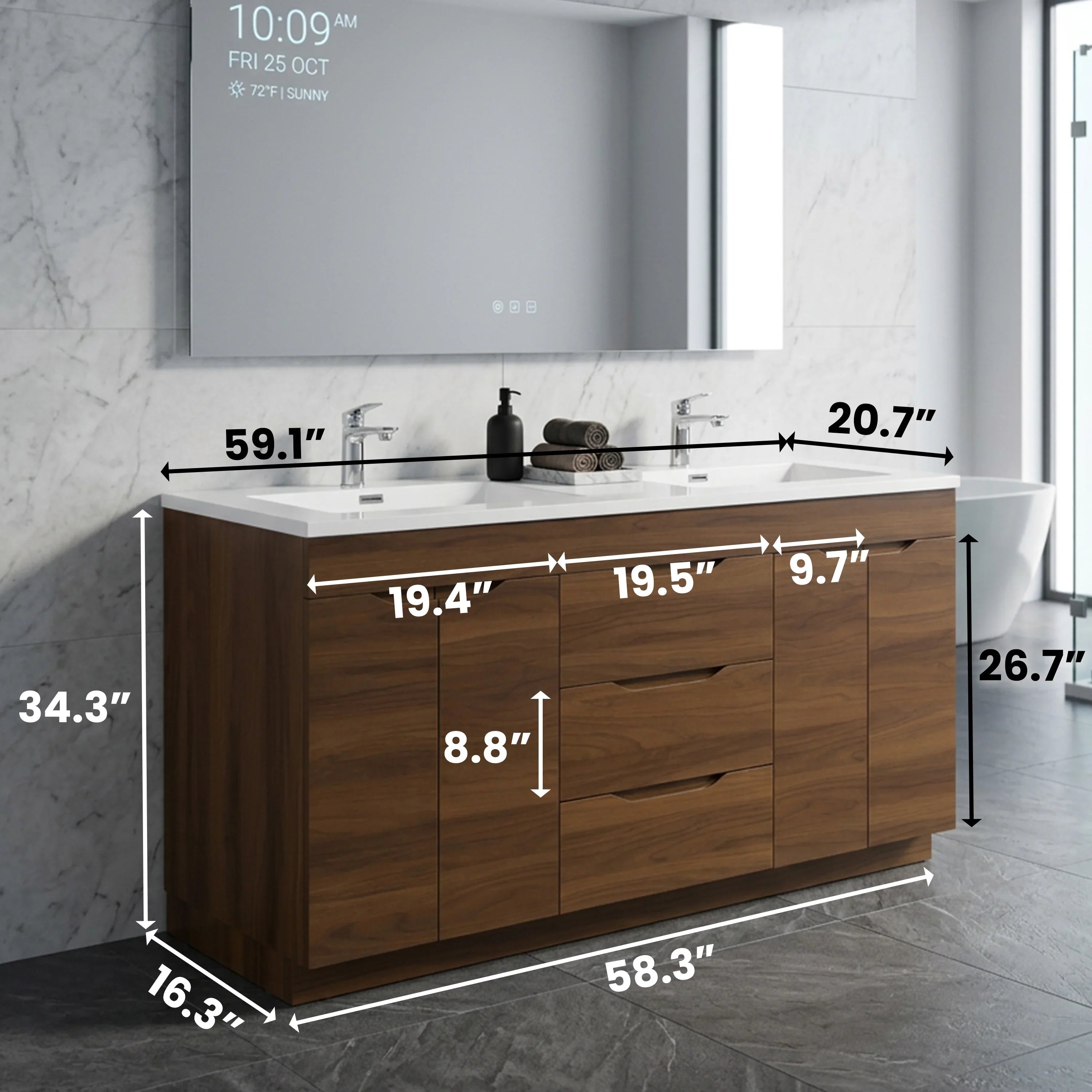 60" Walnut Freestanding Double Sink Vanity with White Polymarble Countertop - Augusta Collection